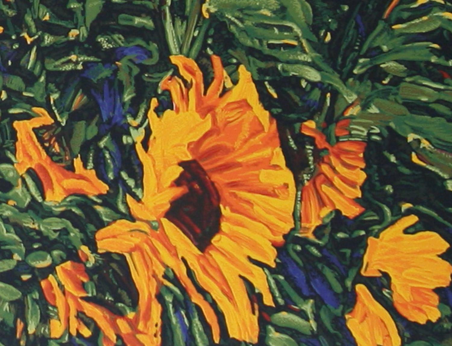    Wild Sunflowers by American impressionist Robert Daughters  shows a closeup of a field of wild sunflowers with their striking golden colors and green leaves. Archival  framed imited edition original serigraph no. 205/255 with deckle edges. In