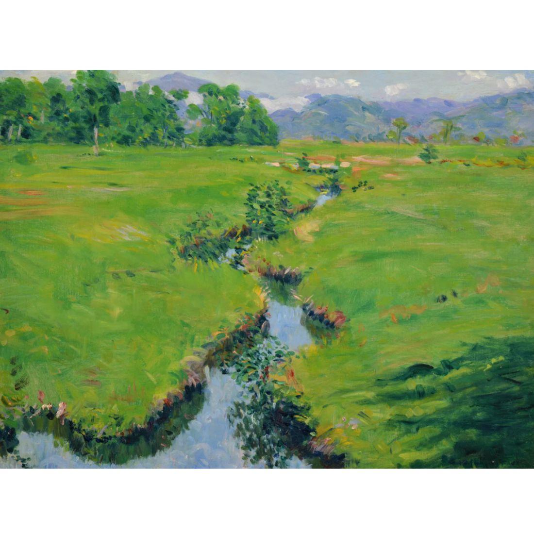 Das gerahmte Landschaftsgemälde von Robert David Gauley fängt eine ruhige Landschaft mit einem fließenden Bach und üppigem Grün wunderbar ein. Das Öl auf Leinwand zeigt Gauleys gekonnte Pinselführung und den Einsatz von Farbe, wodurch eine