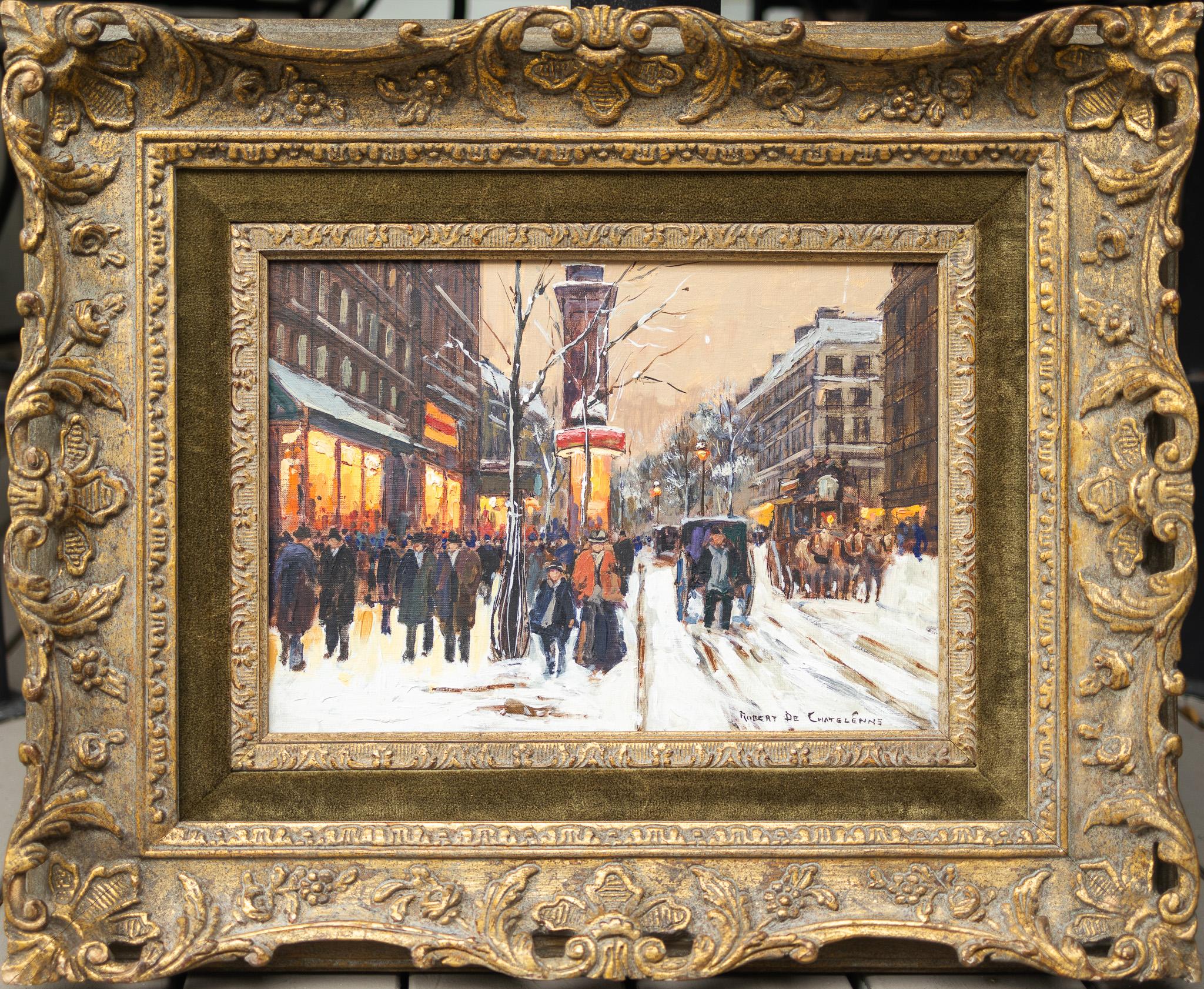 Parisian Winter Street Scene - Impressionist Painting by Robert De Chatelenne
