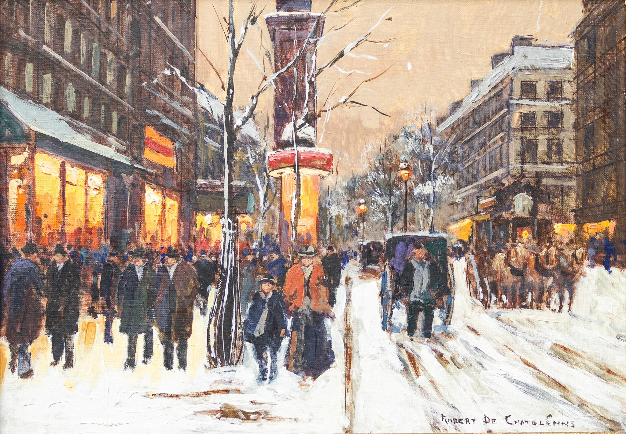 Parisian Winter Street Scene - Painting by Robert De Chatelenne