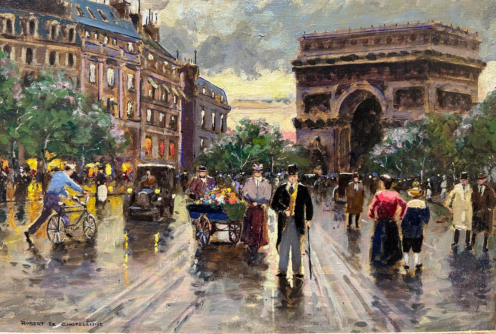 Américain Huile sur toile encadrée d'une scène de rue parisienne impressionniste de Robert De Chatelenne en vente