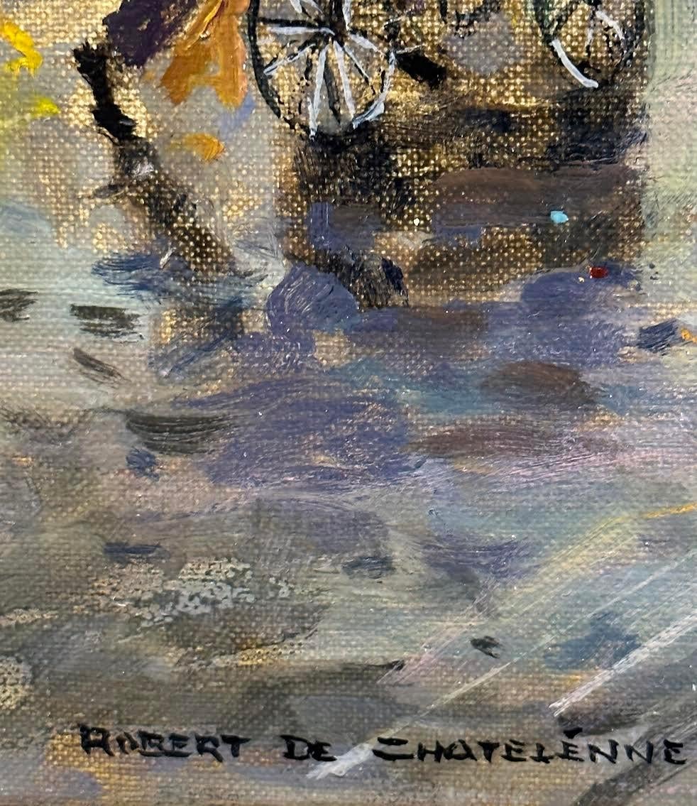 Peint Huile sur toile encadrée d'une scène de rue parisienne impressionniste de Robert De Chatelenne en vente