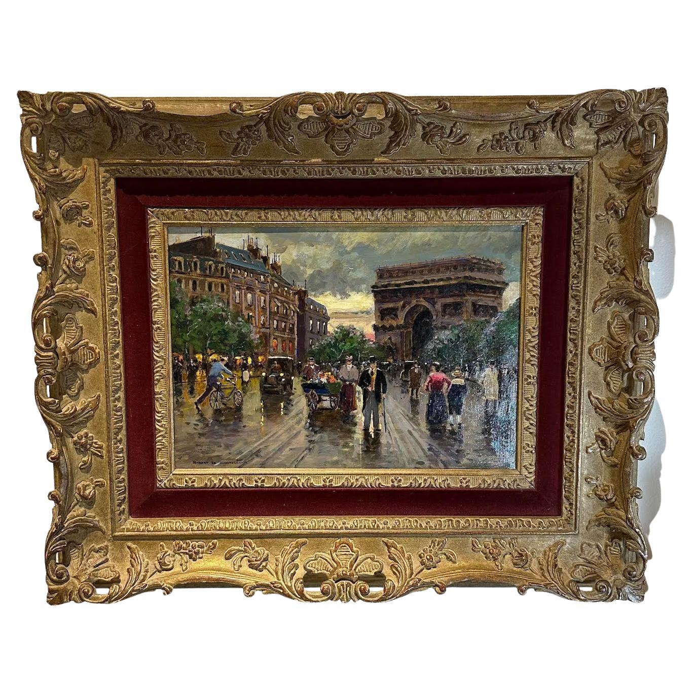 Huile sur toile encadrée d'une scène de rue parisienne impressionniste de Robert De Chatelenne en vente