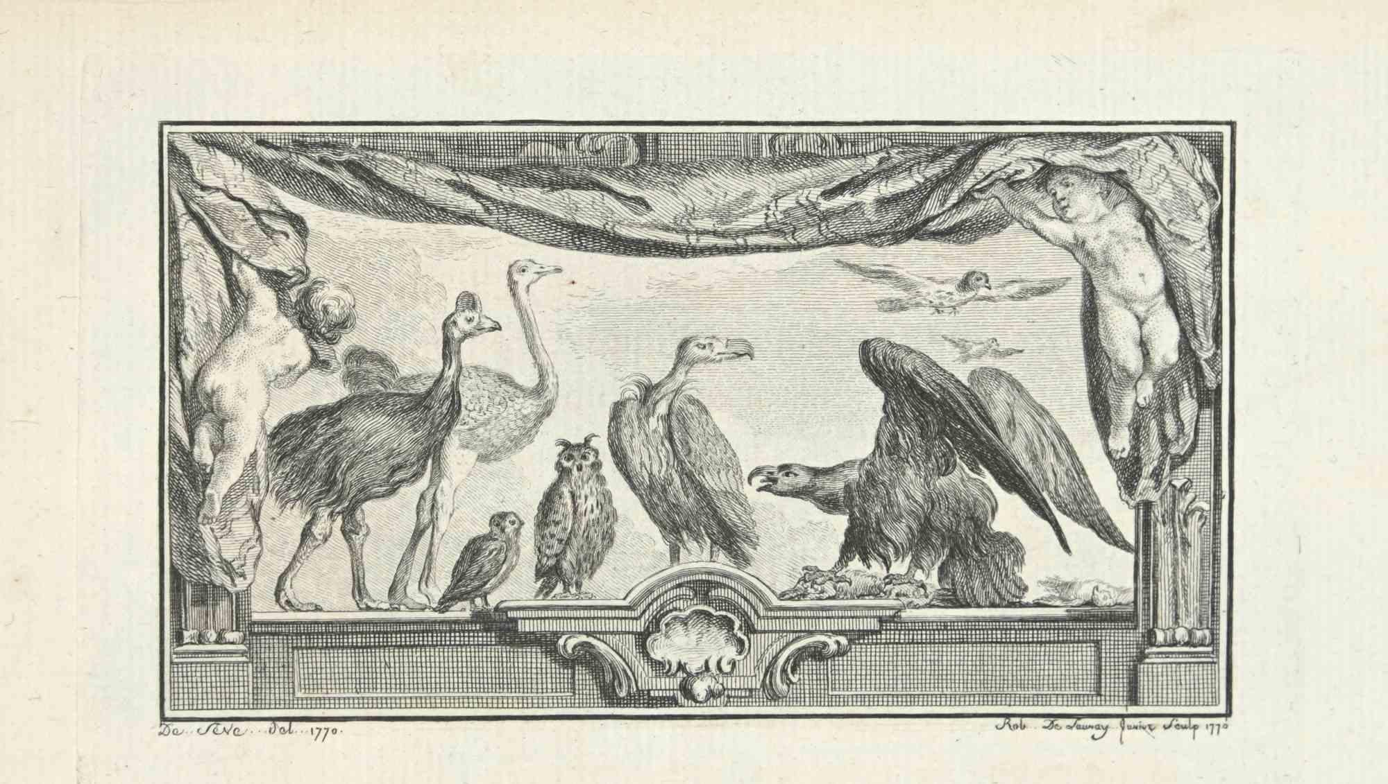 Birds is an etching realized in 1771 by Robert De Launay.

The Artwork is depicted through confident strokes in aa well balanced composition.

Good conditions.
 
