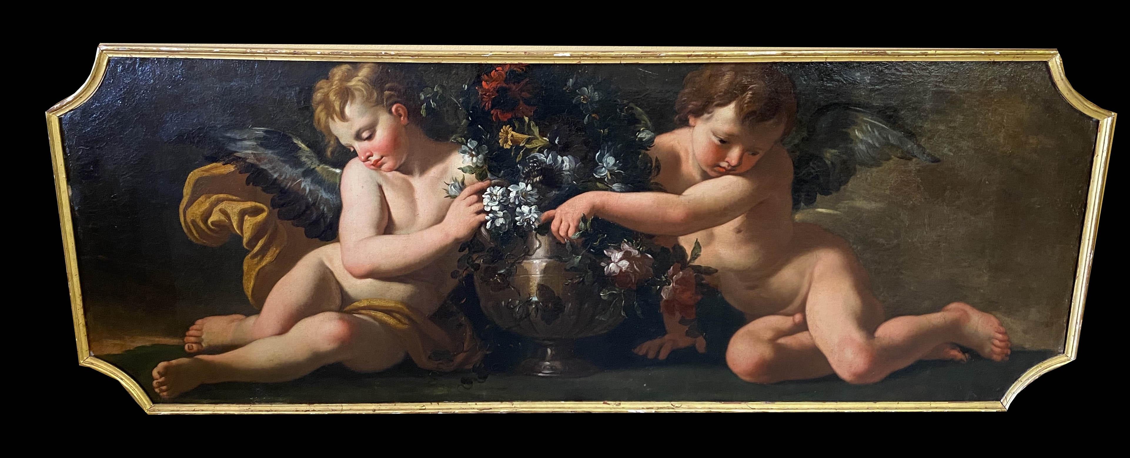 Important pair of still life with flowers in a vase and delicious Putti . Made by a collaboration of Robert de Longe and Marco Antonio RIZZI  italian still-life  painter .This pair of excellent still life is  a part of a series of paintings as a