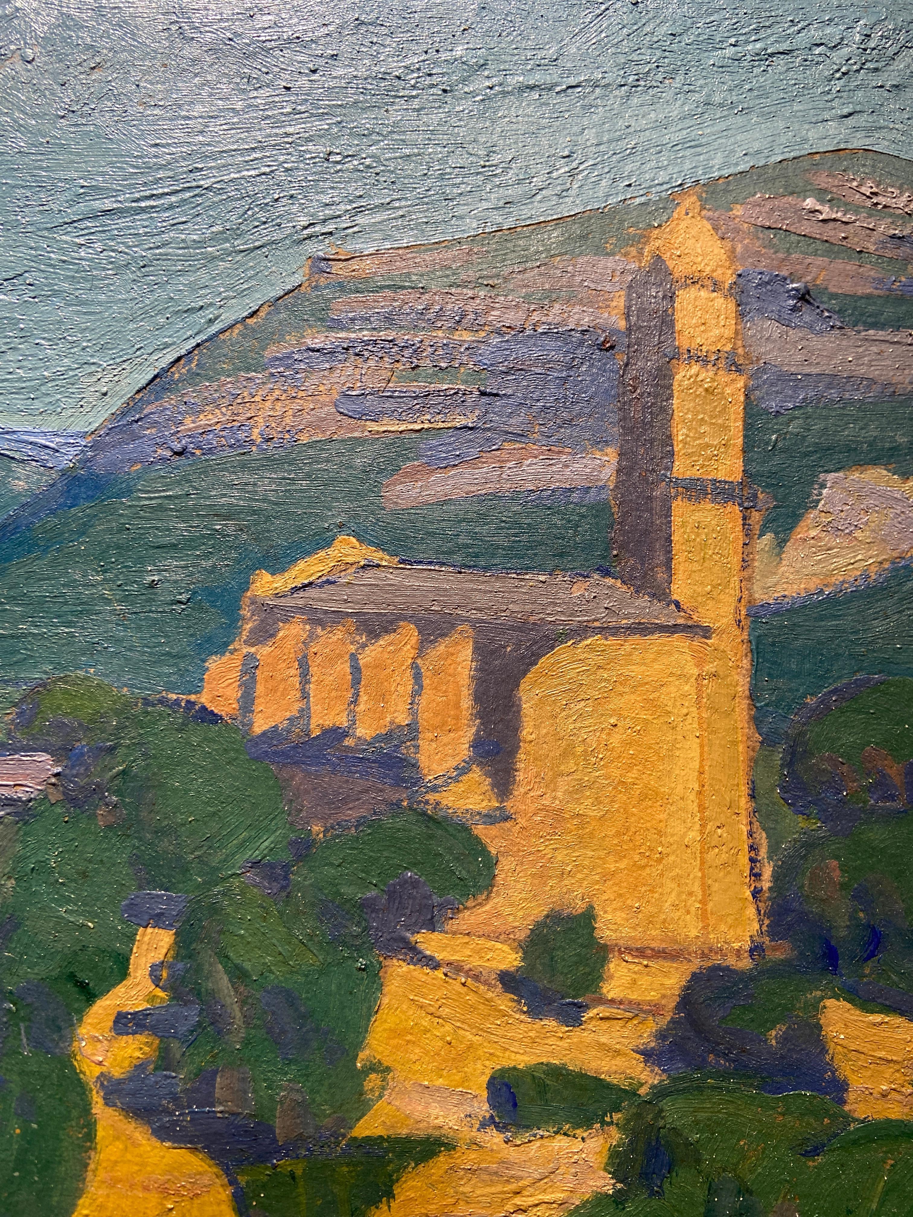 Eglise San Martinu de Patrimonio, Signed Oil on Canvas French Post-Impressionist - Painting by Robert Deborne