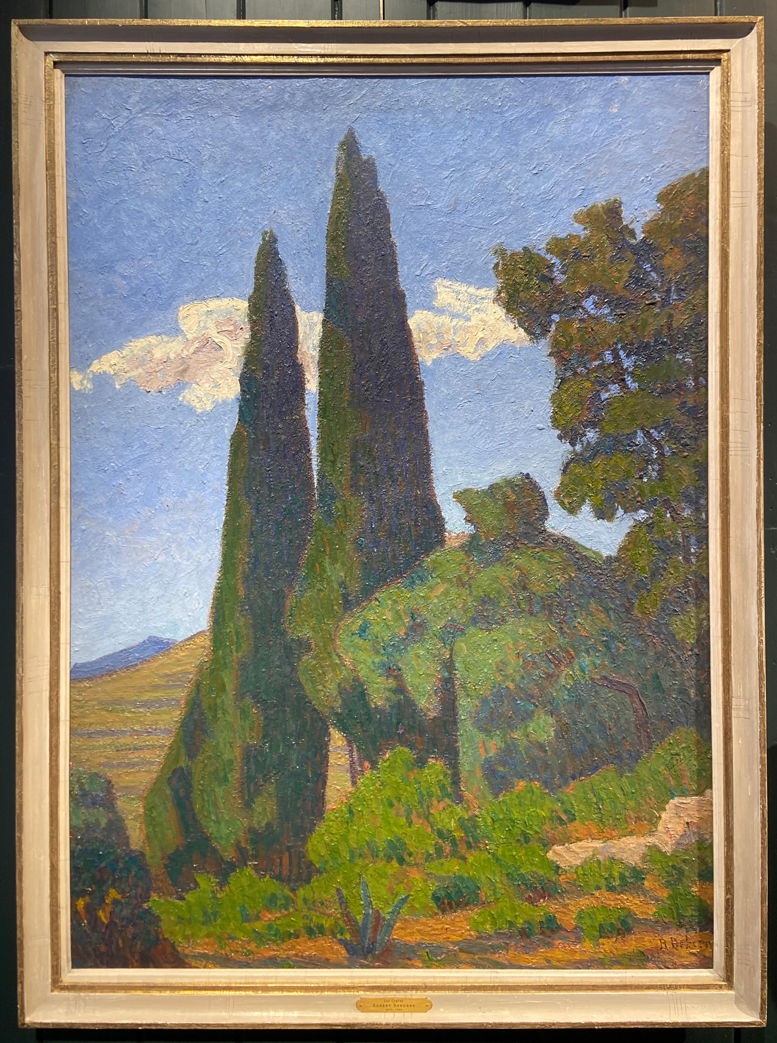 Les Cypres, French Post-Impressionist Landscape Painting, Signed For Sale 1