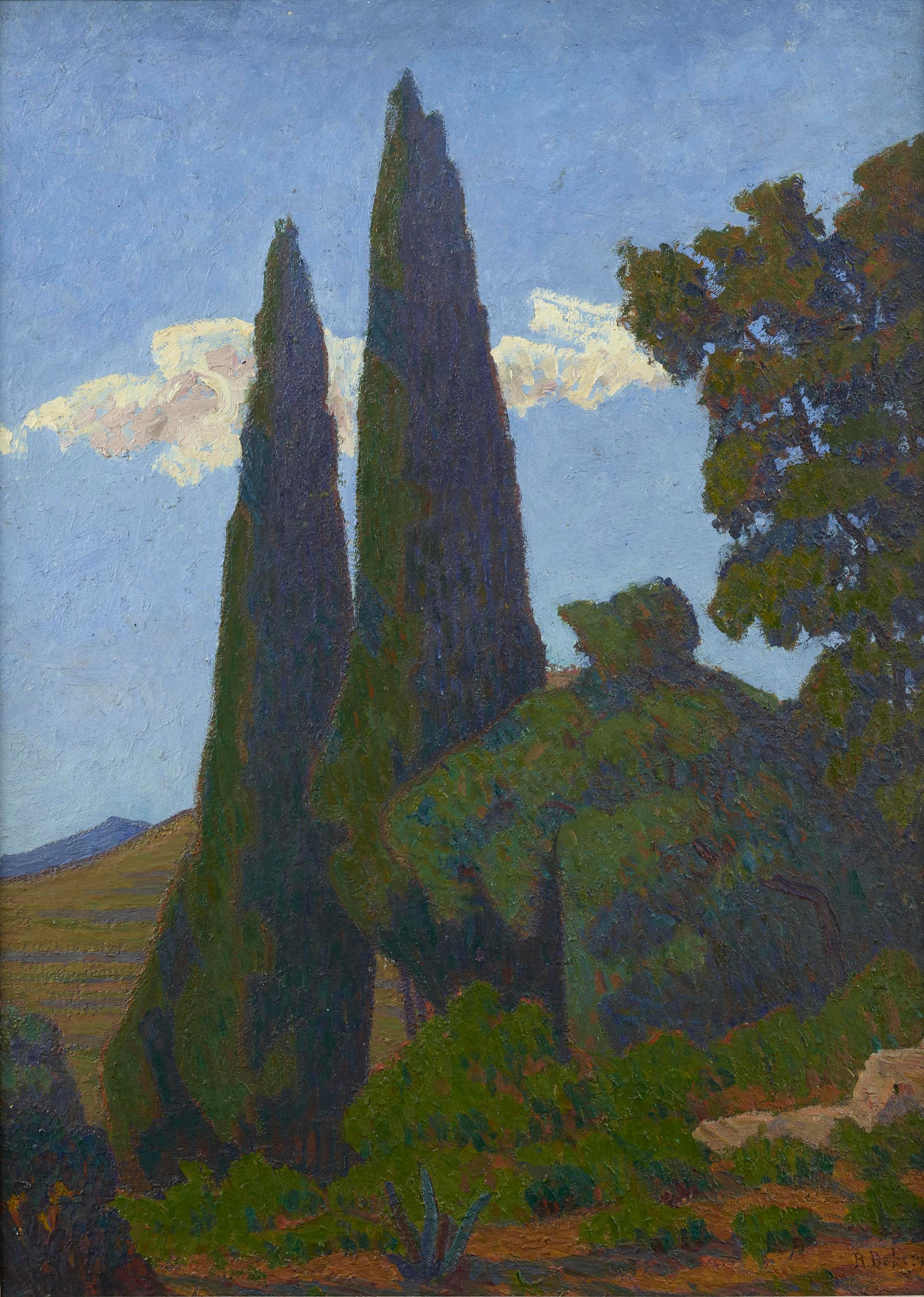 Französisches postimpressionistisches Landschaftsgemälde „Les Cypres“, signiert – Painting von Robert Deborne