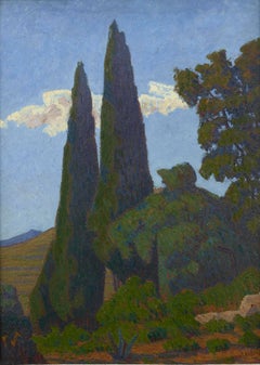 Les Cypres, French Post-Impressionist Landscape Painting, Signed