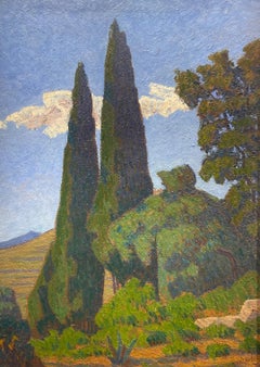 Les Cypres, peinture de paysage post-impressionniste française, signée