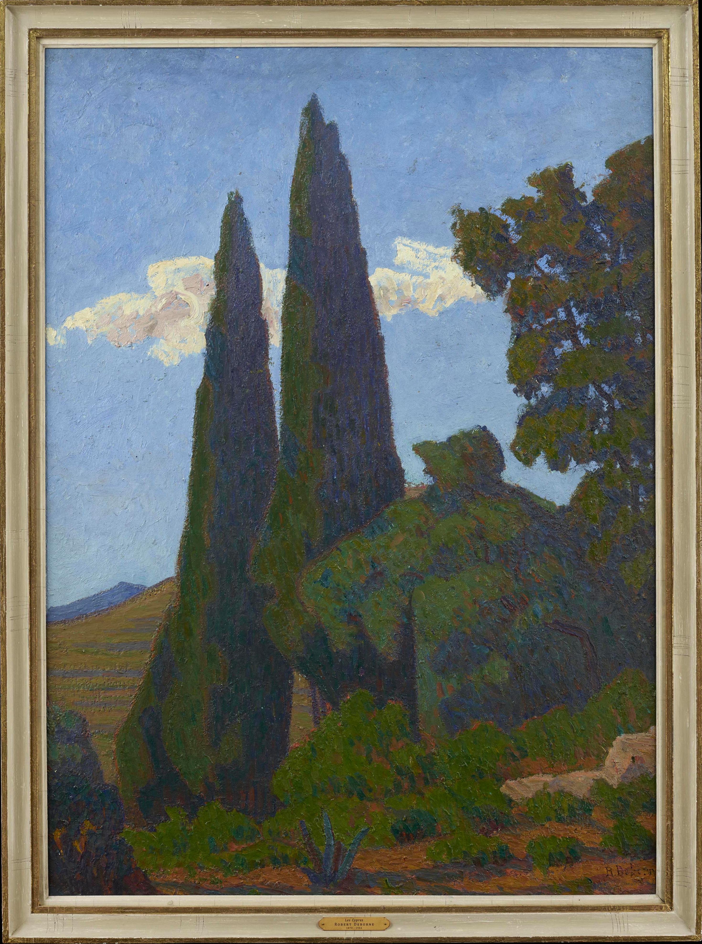 Robert Deborne Landscape Painting – Französisches postimpressionistisches Landschaftsgemälde „Les Cypres“, signiert