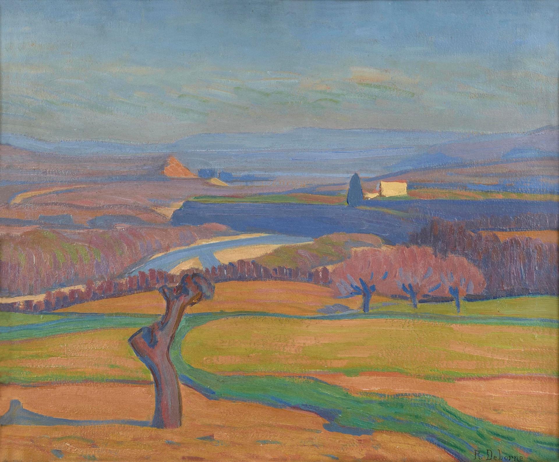 Paysage du Viviers, französisches postimpressionistisches Ölgemälde – Painting von Robert Deborne