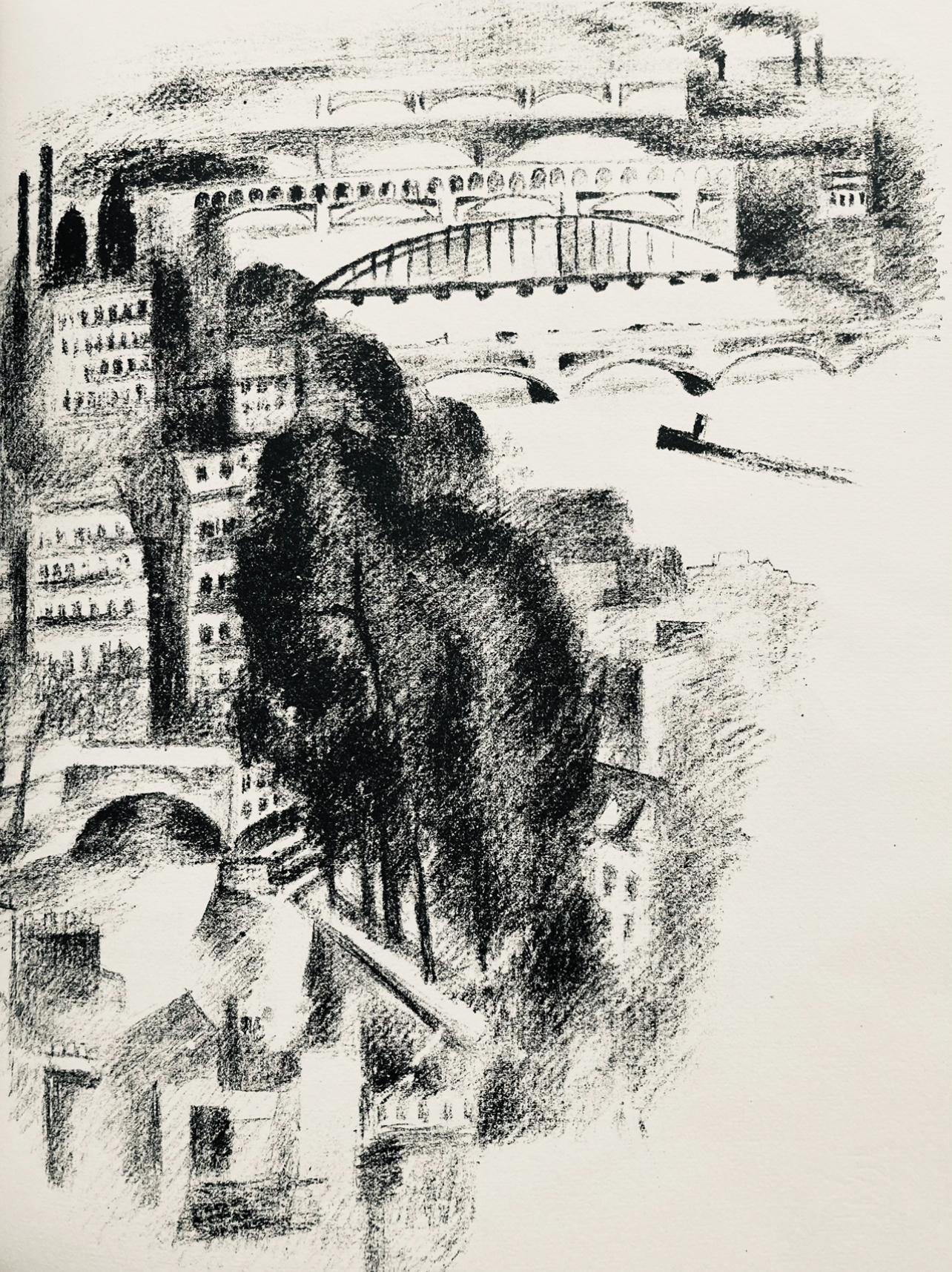 Robert Delaunay Abstract Print - Delaunay, Ponts et passerelle de Passy (Habasque 720-728), Allo! Paris! (after)