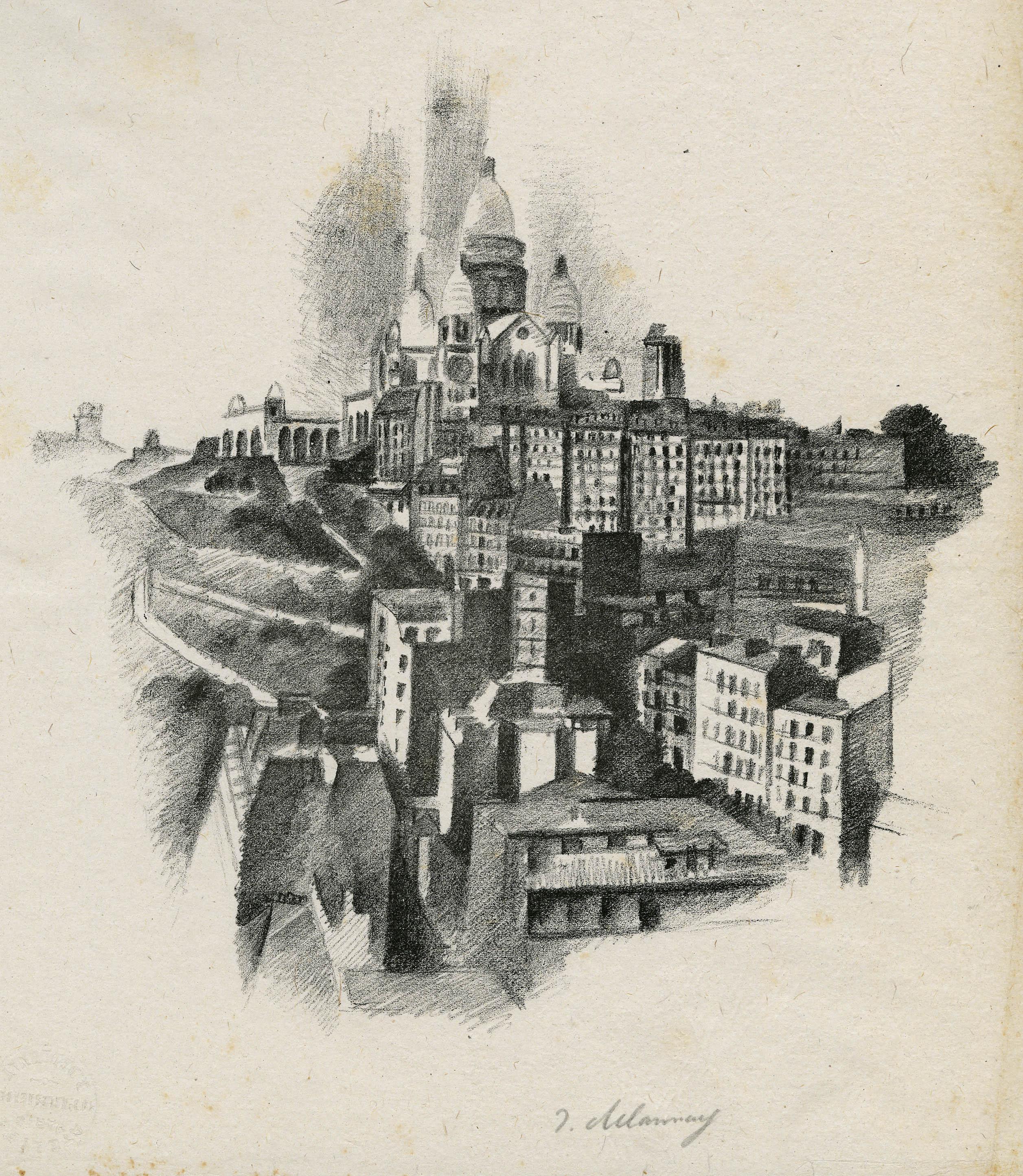 Landscape Print de Robert Delaunay - La butte de Montmartre et le Sacre-Couer (El Sagrado Corazón a distancia)