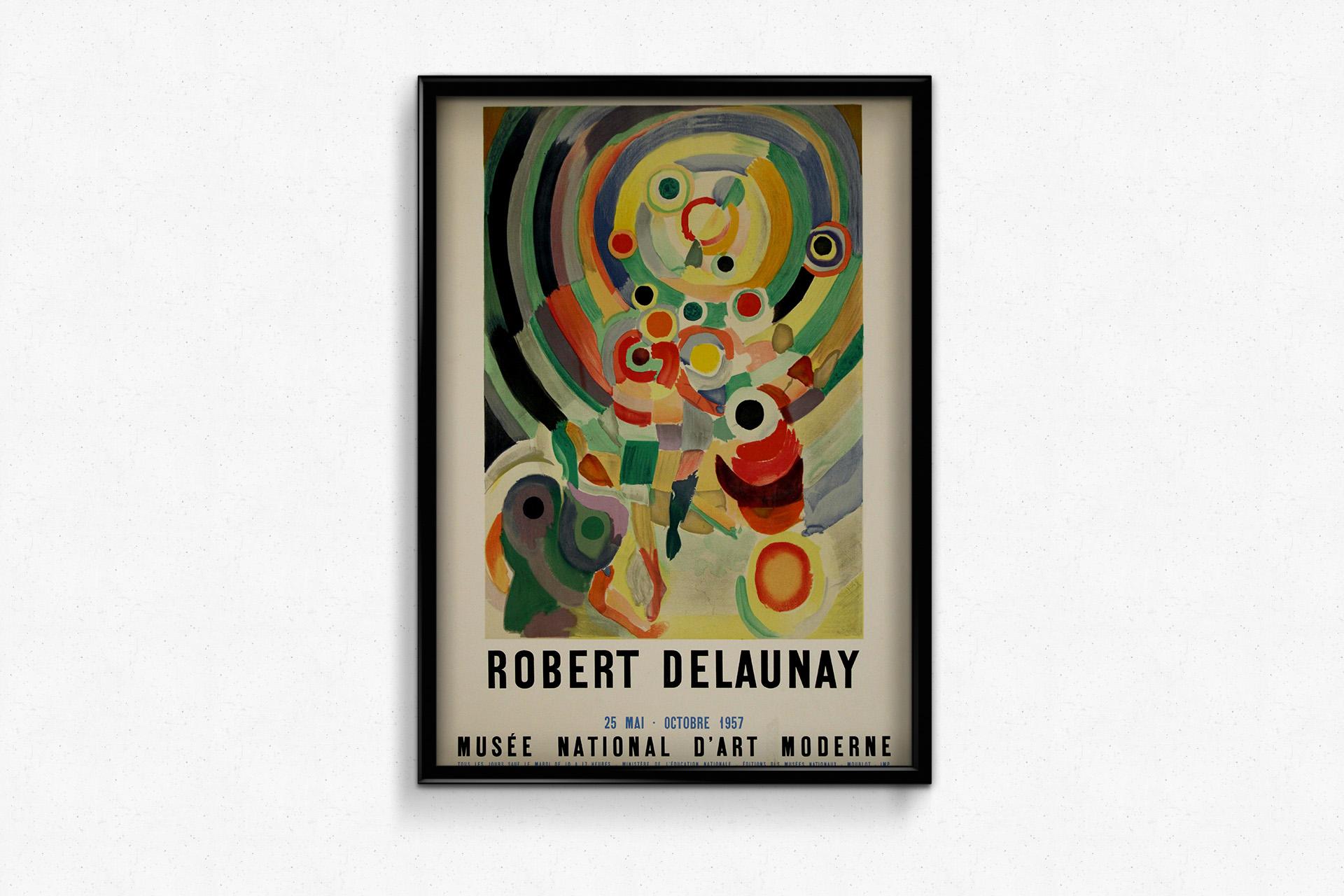 This stunning original 1957 poster was created for the Musée National d’Art Moderne in Paris to celebrate the pioneering work of Robert Delaunay, one of the founding figures of Orphism, a movement rooted in abstraction and the interplay of color and