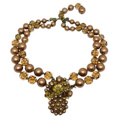 ROBERT DeMARIO 1950's signed vintage gold tone crystals pearls designer necklace