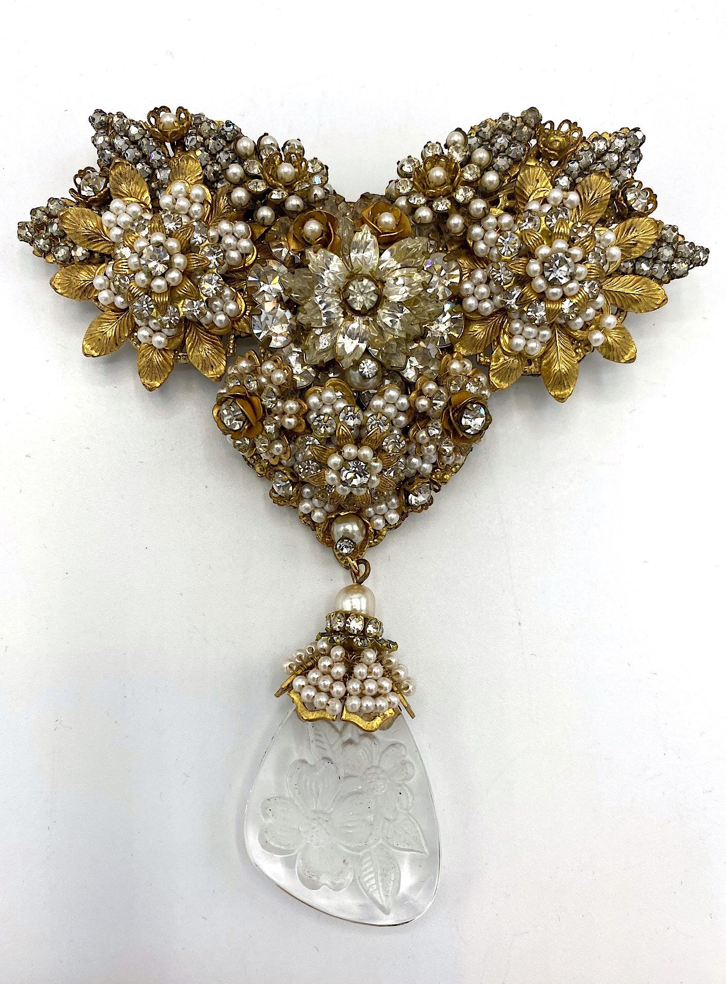 Bead Robert DeMario Huge Gold and Seed Pearl Glass Brooch circa 1960
