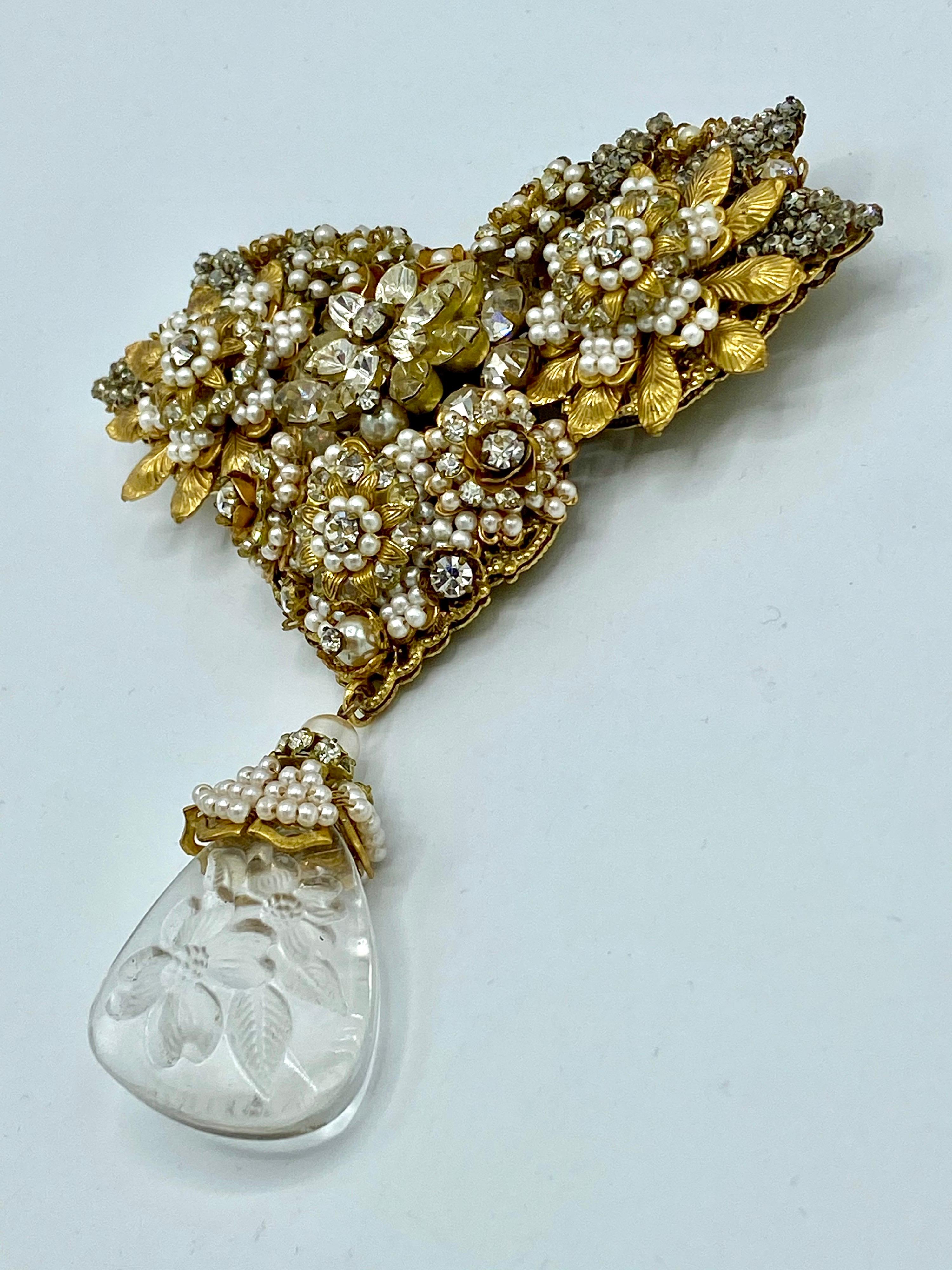 Robert DeMario Huge Gold and Seed Pearl Glass Brooch circa 1960 2