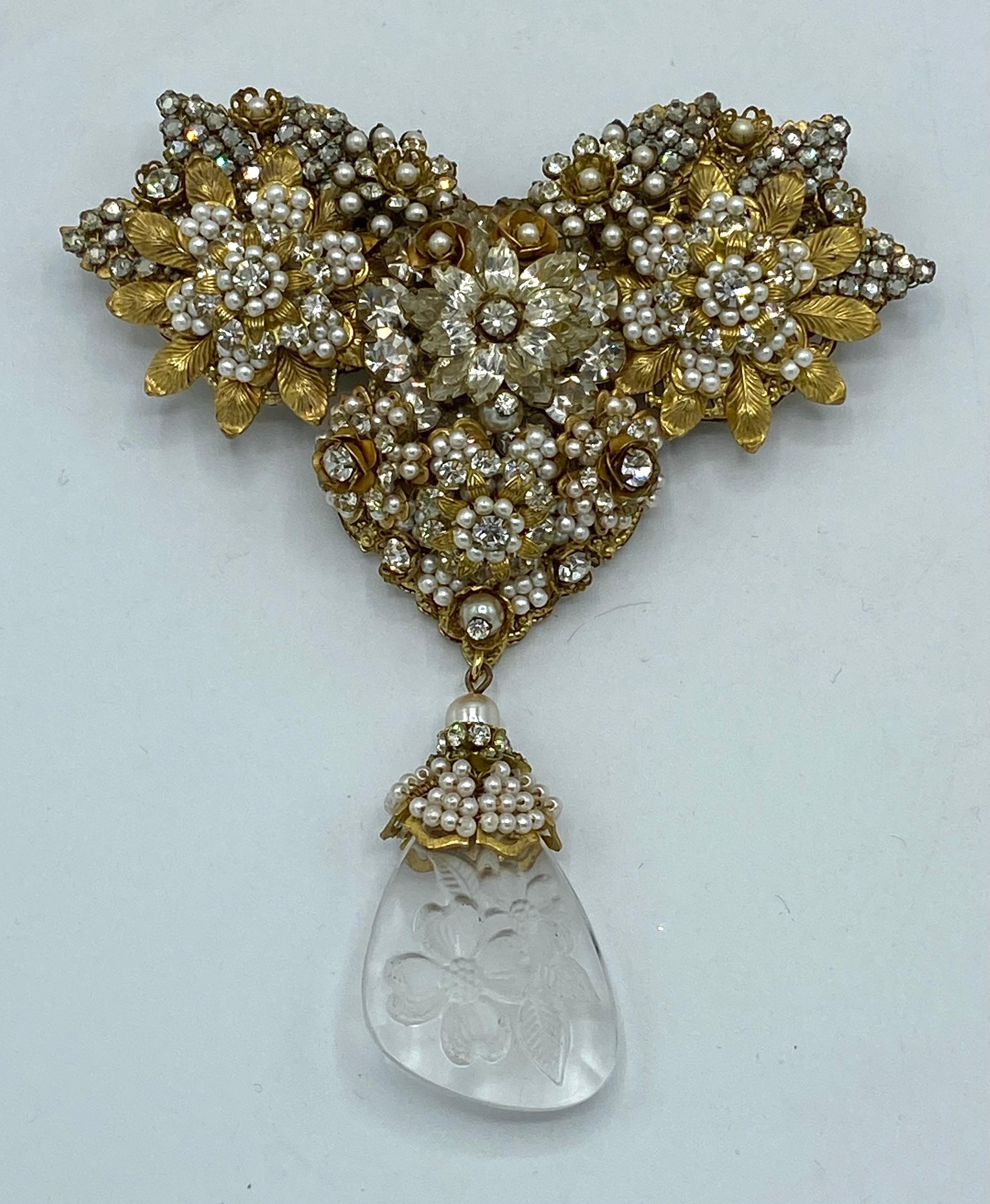 Robert DeMario Huge Gold and Seed Pearl Glass Brooch circa 1960 4