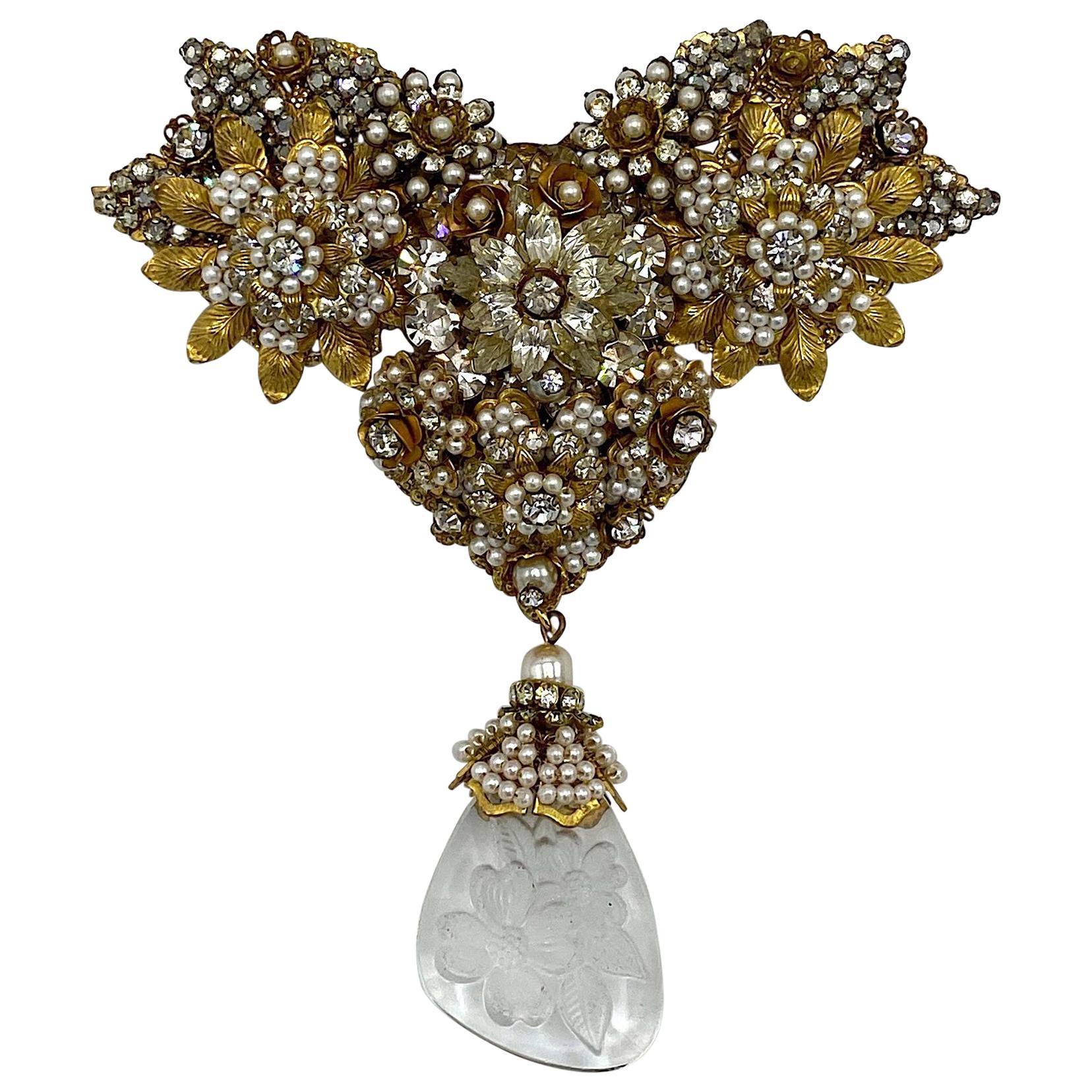 Robert DeMario Huge Gold and Seed Pearl Glass Brooch circa 1960