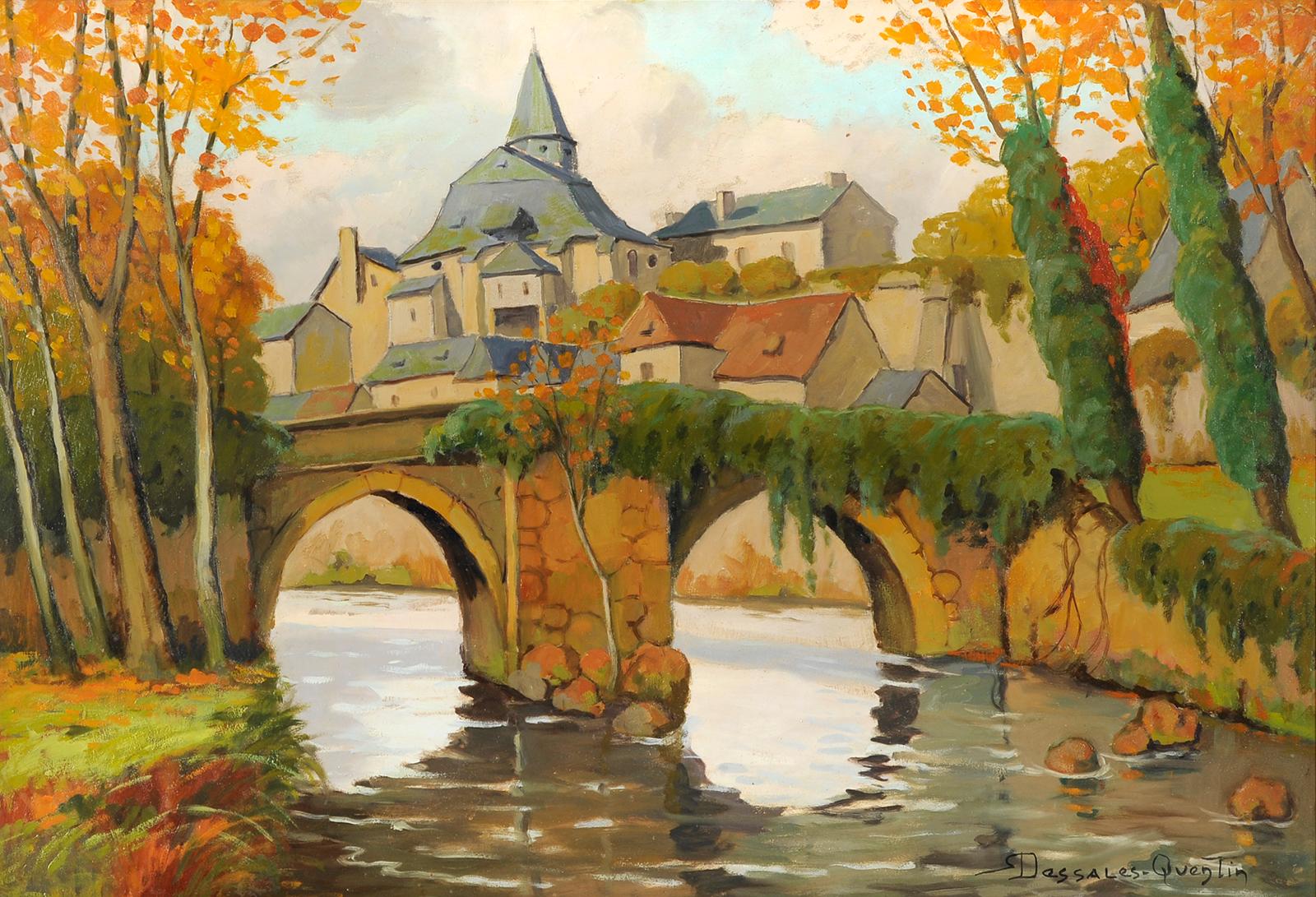 Großansicht von Treignac in Corrèze - Frankreich – Painting von Robert Dessales-Quentin