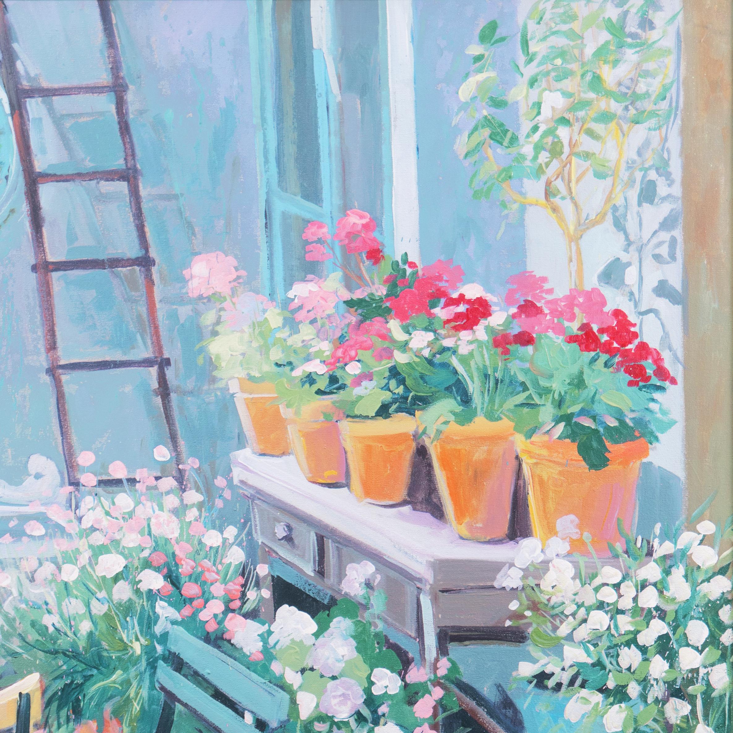 'In the Potting Shed', Large Floral Oil, California College of Arts and Crafts - Post-Impressionist Painting by Robert DeVee
