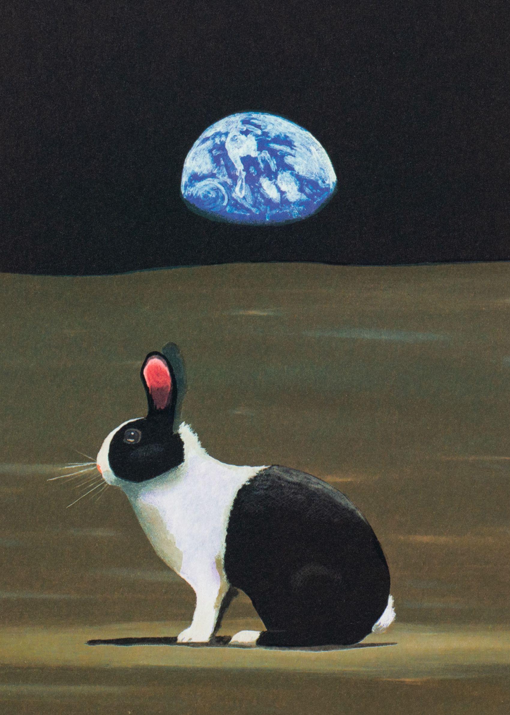 A Hare Out of Place I (Outer-Space) litografía sobre papel, 9 x 9 pulgadas tamaño de la imagen. De la edición de 395 y enmarcada en un marco contemporáneo de tono plateado. Iniciales del artista abajo a la derecha y numeradas abajo a la izquierda