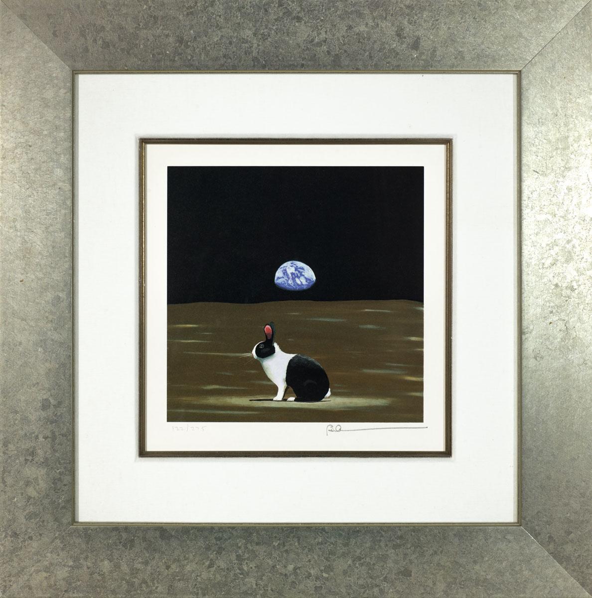 A Hare Out of Place I (Outer-Space) is a lithograph on paper, 9 x9