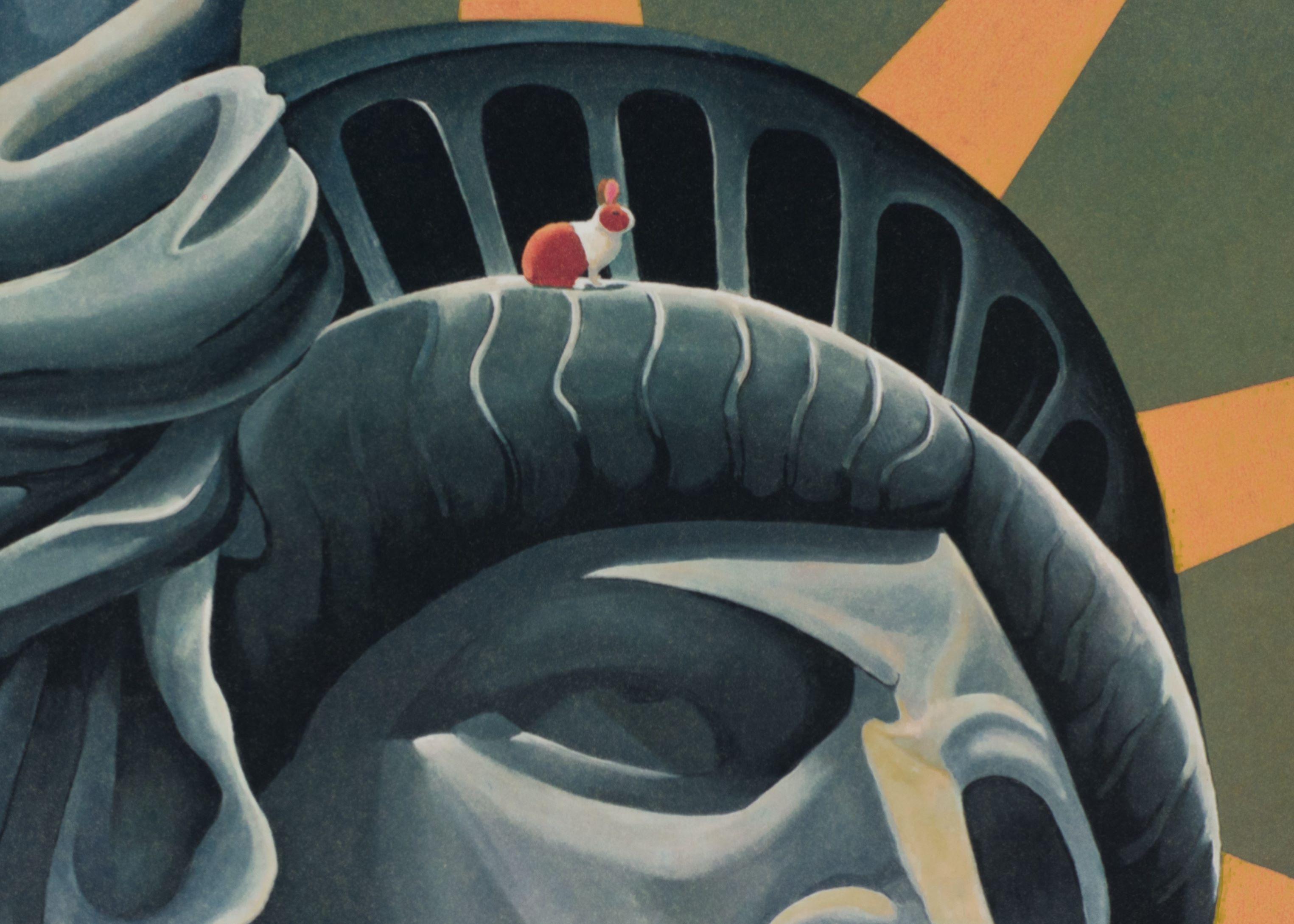 A Hare Out of Place II (Statue of Liberty) is a lithograph on paper, 9 x 9 inches  image size, and initialed 'BD' lower right. From the edition of 395, numbered 157/275 (there were also 100 Roman and 20 AP). Framed in a contemporary, silver-tone