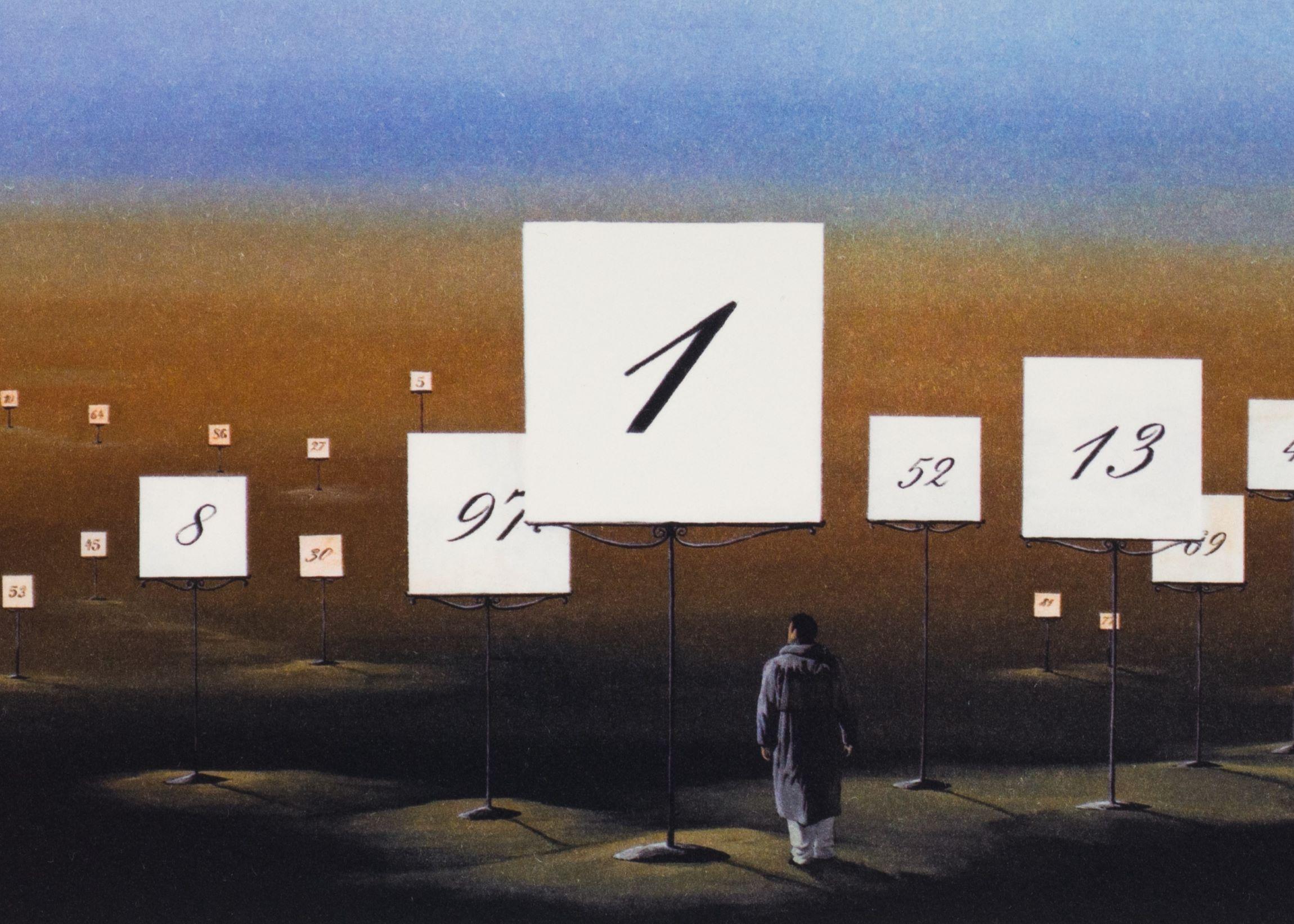 Back to Square One è una litografia su carta con dimensioni di 7,75 x 9 pollici e sigla 