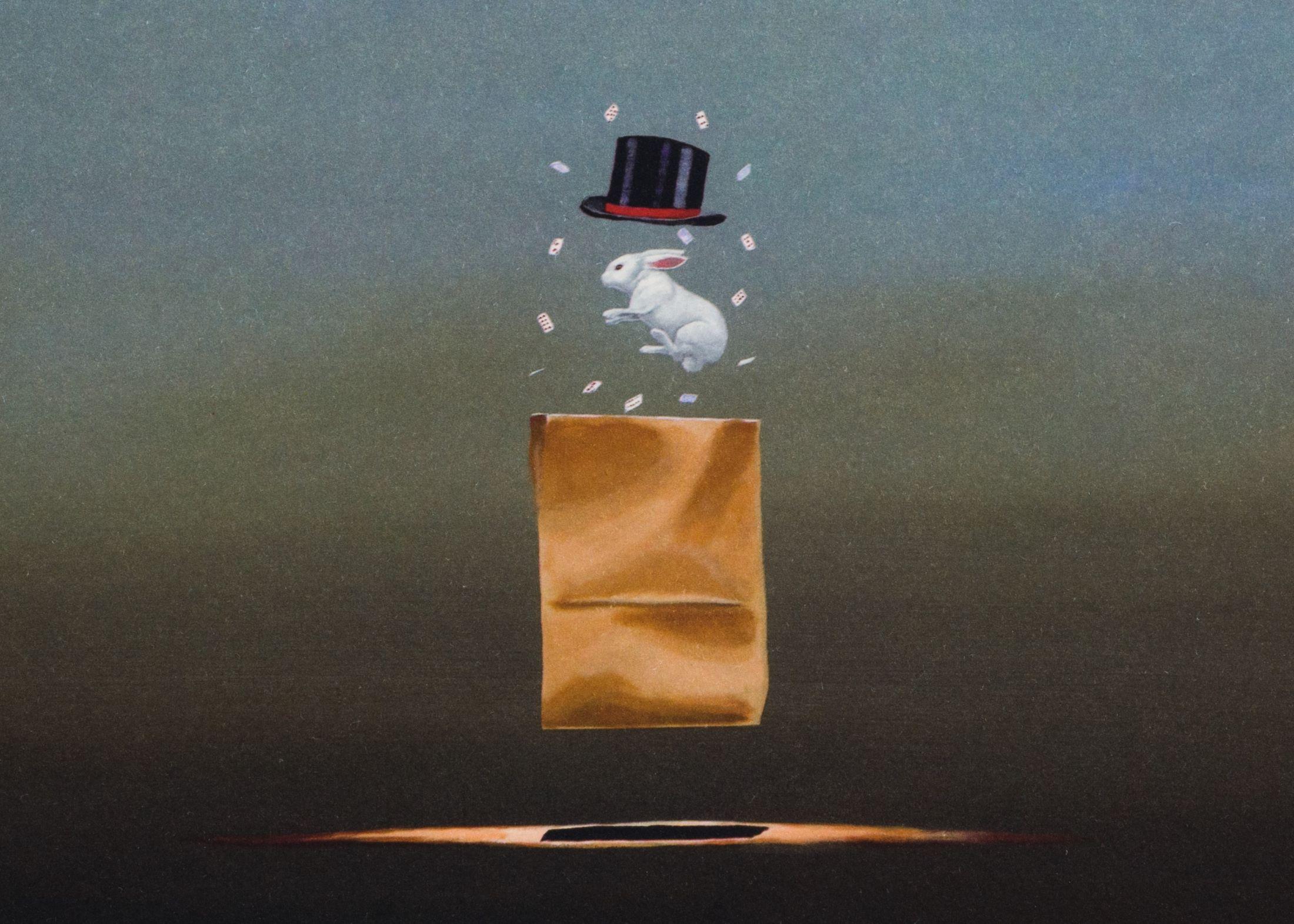 Bag of Tricks is a lithograph on paper, 9 x 9 inches image size, and initialed 'BD' lower right. From the edition of 395, numbered 61/275 (there were also 100 Roman and 20 AP). Framed in a contemporary, silver-tone frame.

Robert Deyber’s