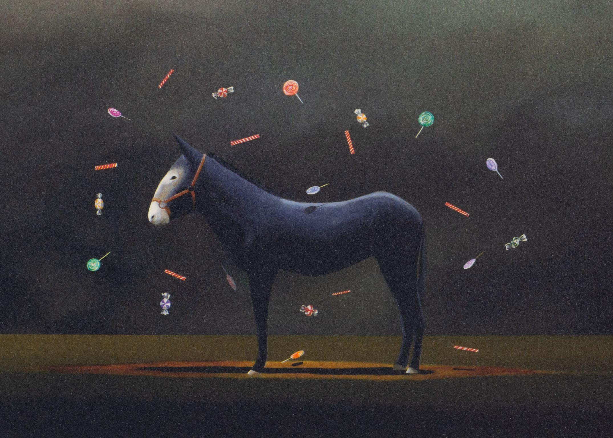 Candy Ass is a lithograph on paper, 9 x 9 inches image size, and initialed 'BD' lower right. From the edition of 395, numbered XCVIII/C (there were also 275 Arabic and 20 AP). Framed in a contemporary, silver-tone frame.

Robert Deyber’s lithographs