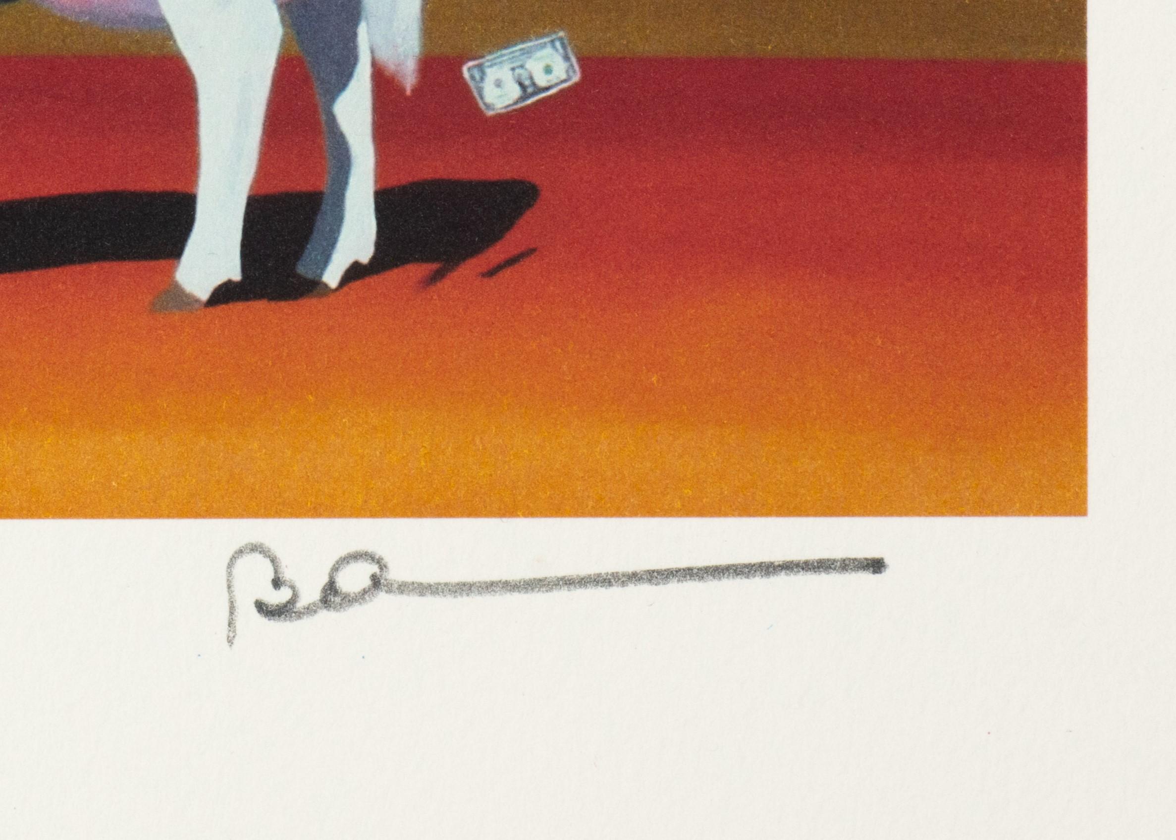 Cash Cow a lithograph on paper, 7.5 x 9 inches image size. From the edition of 395 and framed in a contemporary, silver-tone frame. Initialed by the artist lower right, and numbered LXX/C (there were also 275 Arabic and 20 APs)..

Robert Deyber’s