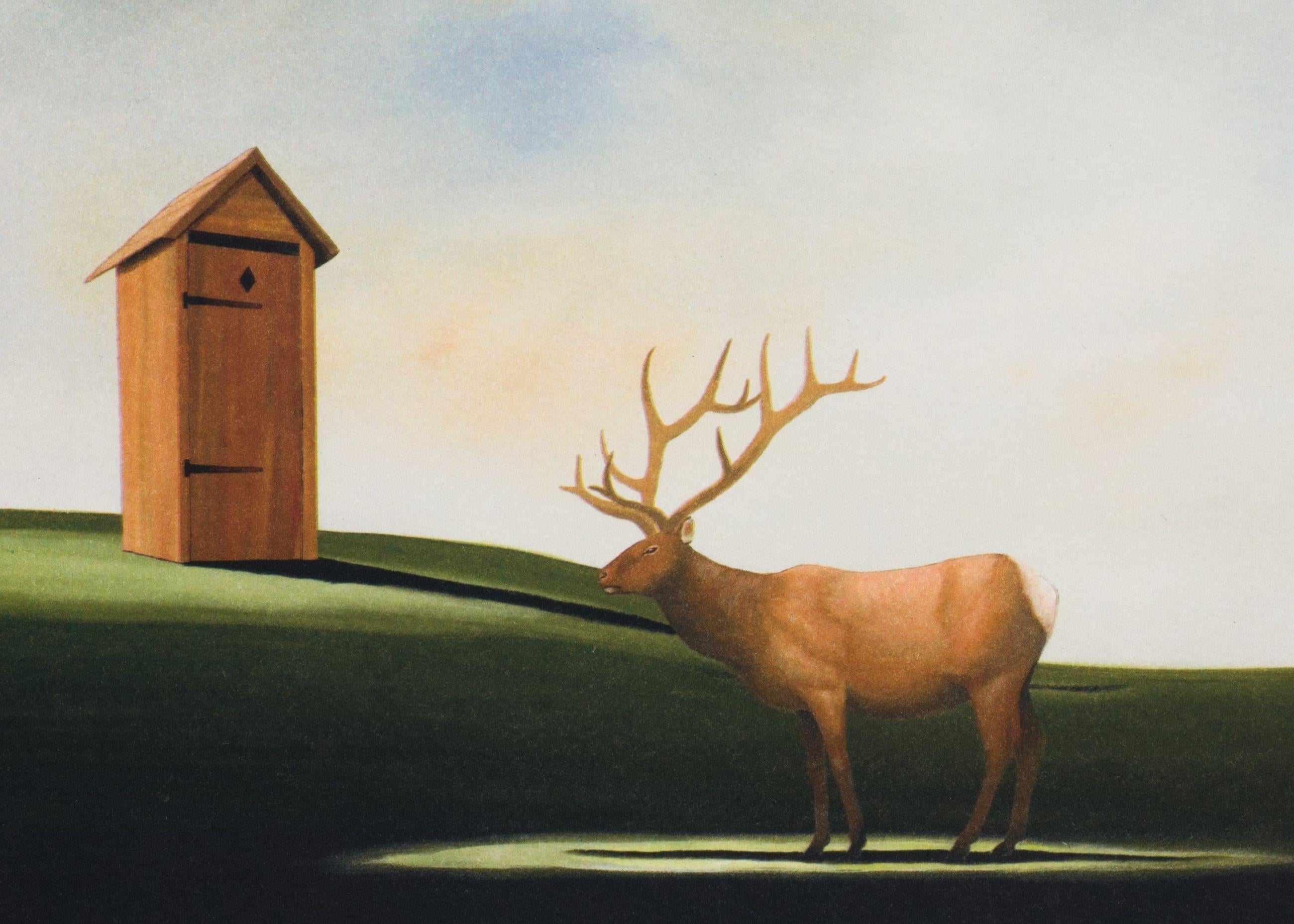 Deer John is a lithograph on paper, 9 x 9 inches image size, and initialed 'BD' lower right. From the edition of 395, numbered 35/275 (there were also 100 Roman and 20 AP). Framed in a contemporary, silver-tone frame.

Robert Deyber’s lithographs