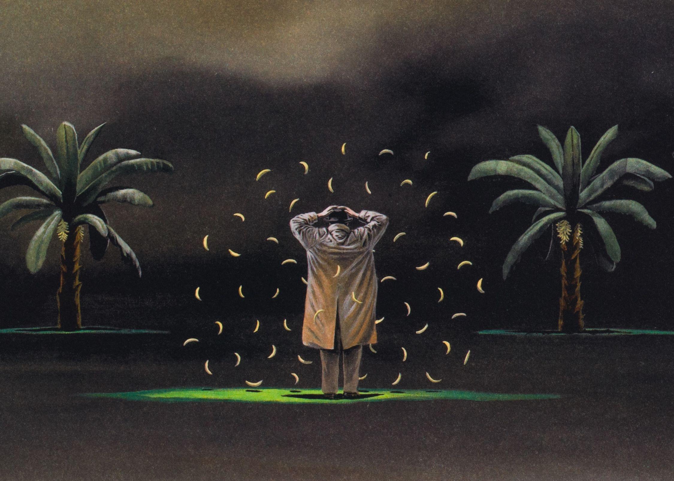 Going Bananas is a lithograph on paper, 9.5 x 9 inches image size, and initialed 'BD' lower right. From the edition of 395, numbered 91/275 (there were also 100 Roman and 20 AP). Framed in a contemporary, silver-tone frame.

Robert Deyber’s