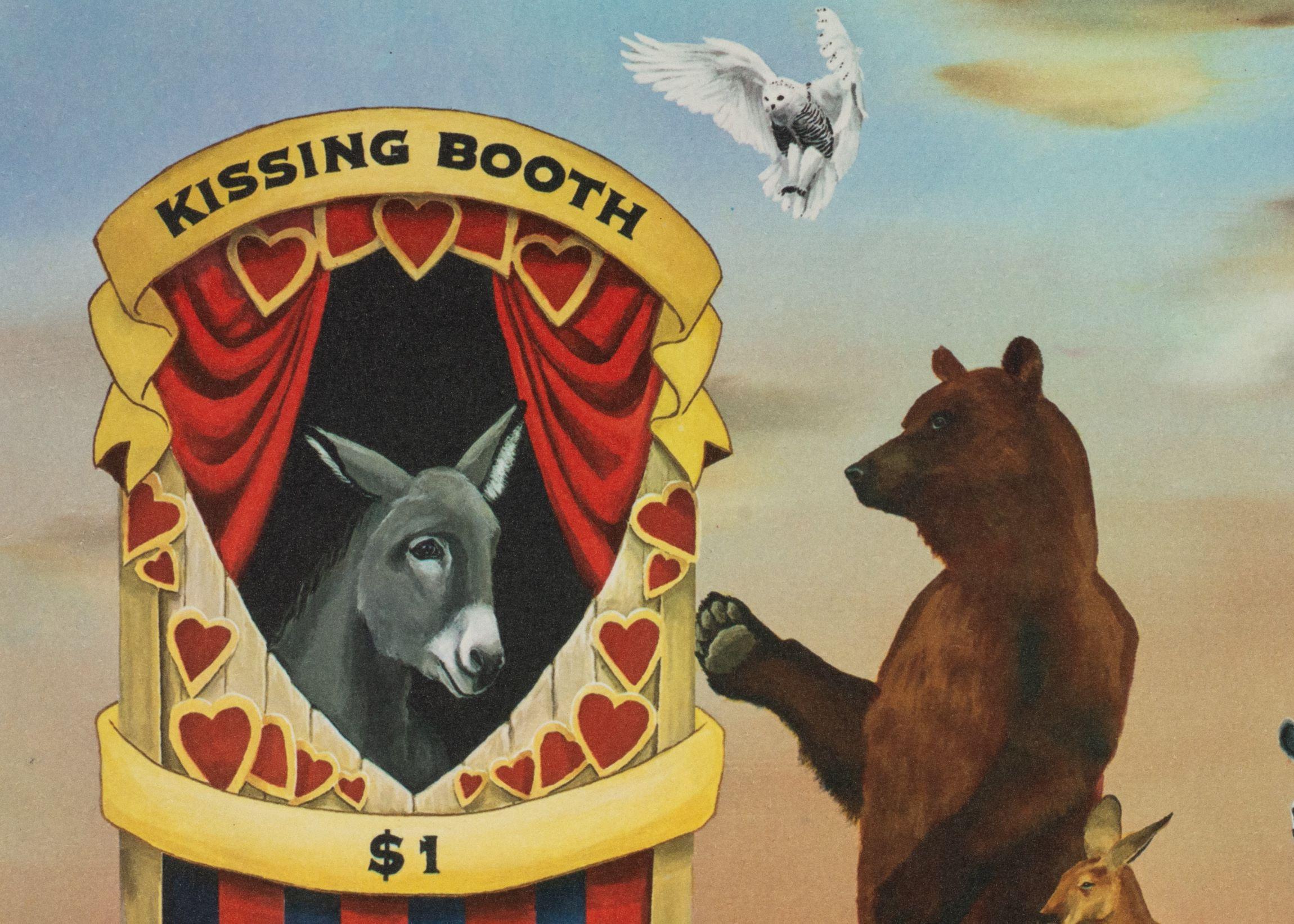 Kissing Ass is a lithograph on paper, 6.75 x 9 inches image size. From the edition of 395, numbered 243/275 (there were also 100 Roman and 20 AP), framed in a contemporary, silver-tone frame.

Robert Deyber’s lithographs were created by the