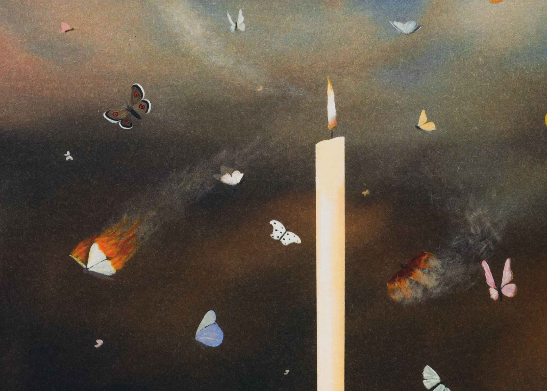 Like Moths to a Flame est une lithographie sur papier, de format 9,5 x 9 pouces, portant les initiales 