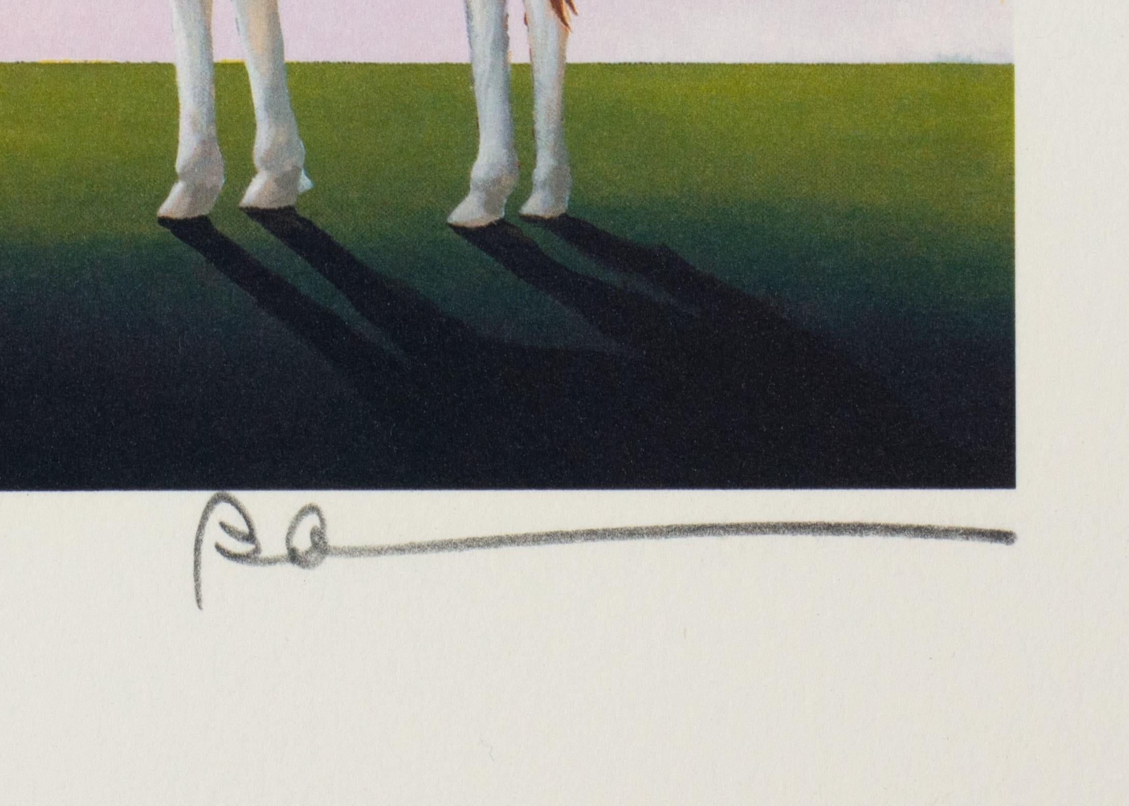 Neck & Neck is a lithograph on paper, 9.5 x 6.75 inches image size. From the edition of 395 and framed in a contemporary, silver-tone frame. Initialed by the artist lower right and numbered lower left XXXII/C (there were also 100 Roman and 20
