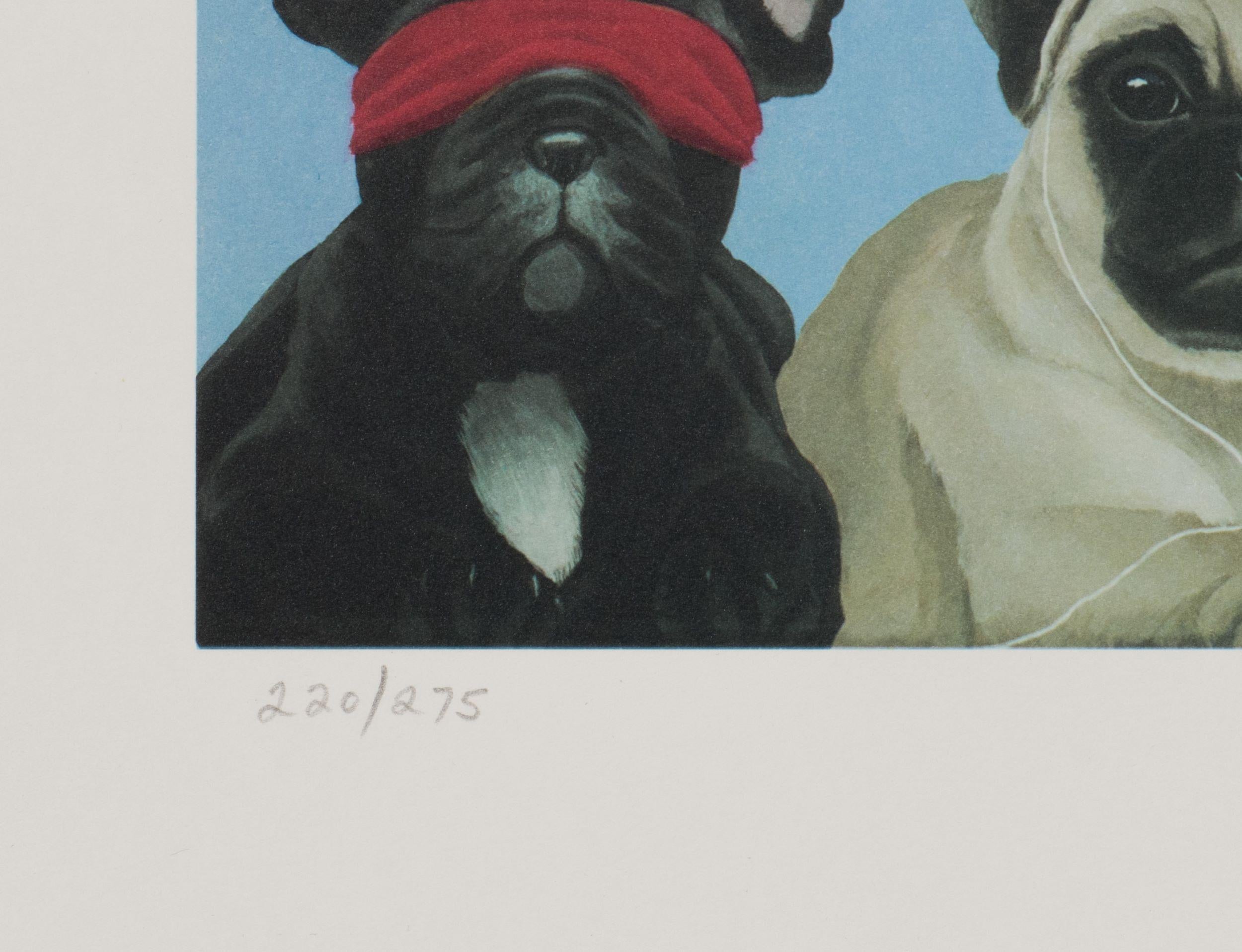 See No Evil, Hear No Evil, Speak No Evil XV (Dogs) est une lithographie sur papier, de format 6 x 9 pouces. Issu de l'édition de 395, numéroté 220/275 (il y a eu aussi 100 Roman et 20 AP), encadré dans un cadre contemporain de couleur argentée -