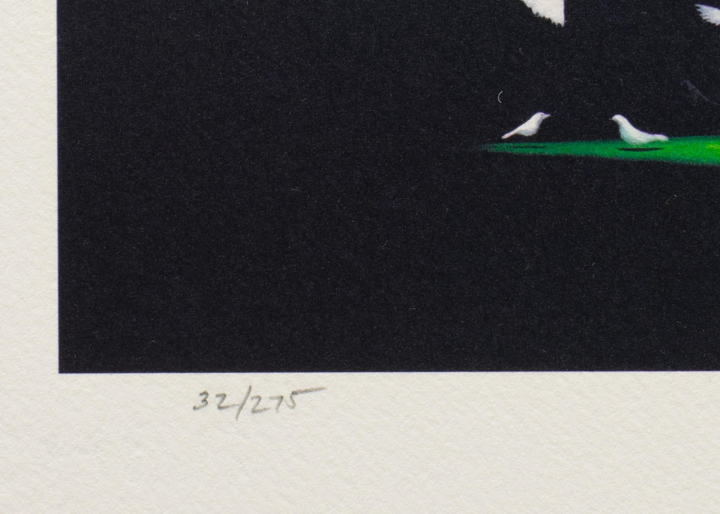 The Bird Dog is a lithograph on paper, 9.5 x 9 inches image size,  initialed 'BD' lower right and numbered lower left. From the edition of 395, numbered 32/275 (there were also 100 Roman and 20 AP). Framed in a contemporary, silver-tone