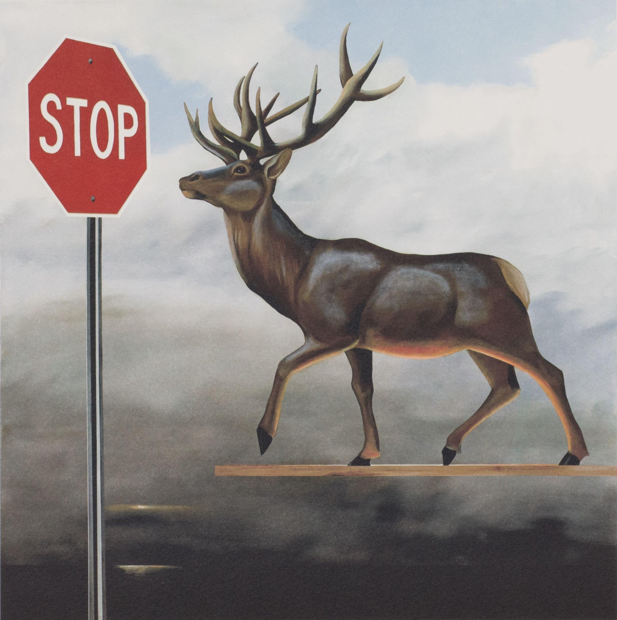 El ciervo se detiene aquí (Ciervo en señal de stop) - Print Contemporáneo de Robert Deyber