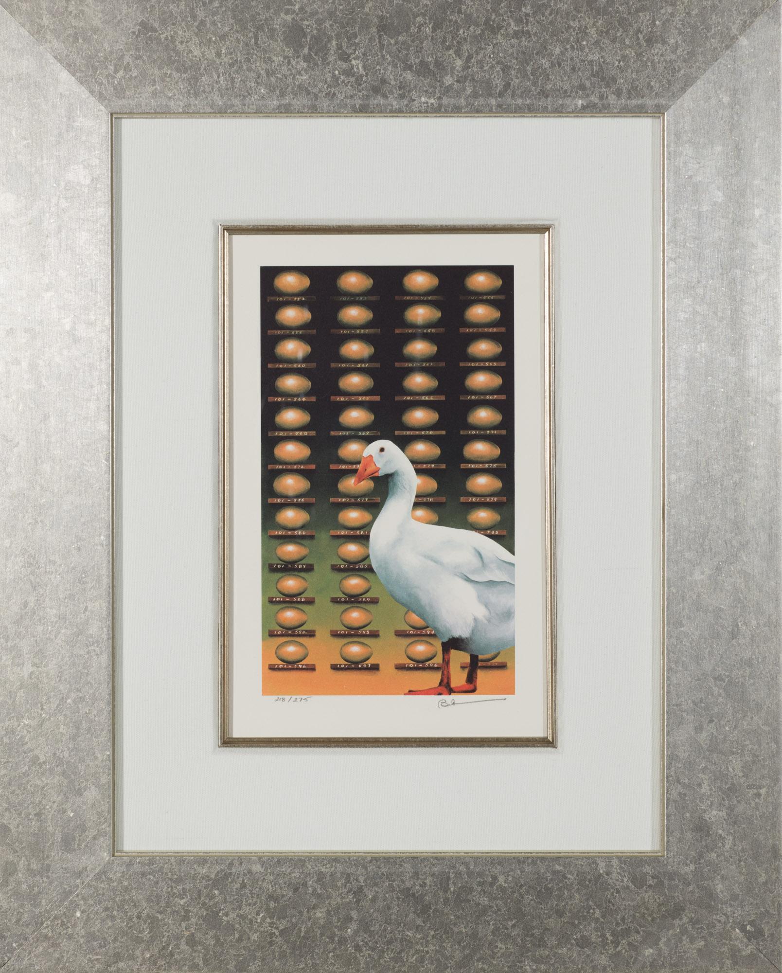 The Golden Goose is a lithograph on paper, 9.75 x 5.5 inches image size, and initialed 'BD' lower right. From the edition of 395, numbered 218/275 (there were also 100 Roman and 20 AP). Framed in a contemporary, silver-tone frame.

Robert Deyber’s