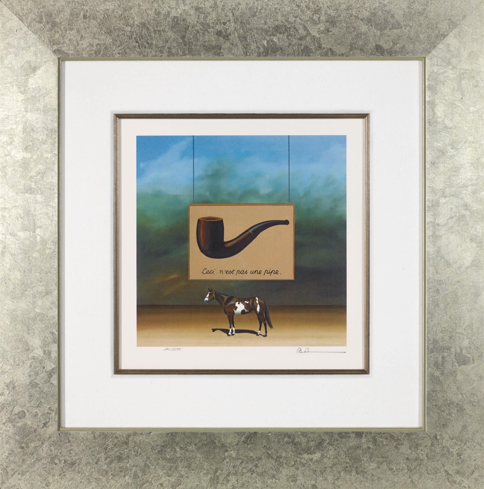 The Paint Horse: Magritte is a lithograph on paper, 9.5 x 9 inches  image size, and initialed 'BD' lower right. From the edition of 395, numbered 241/275 (there were also 100 Roman and 20 AP). Framed in a contemporary, silver-tone frame.

Robert