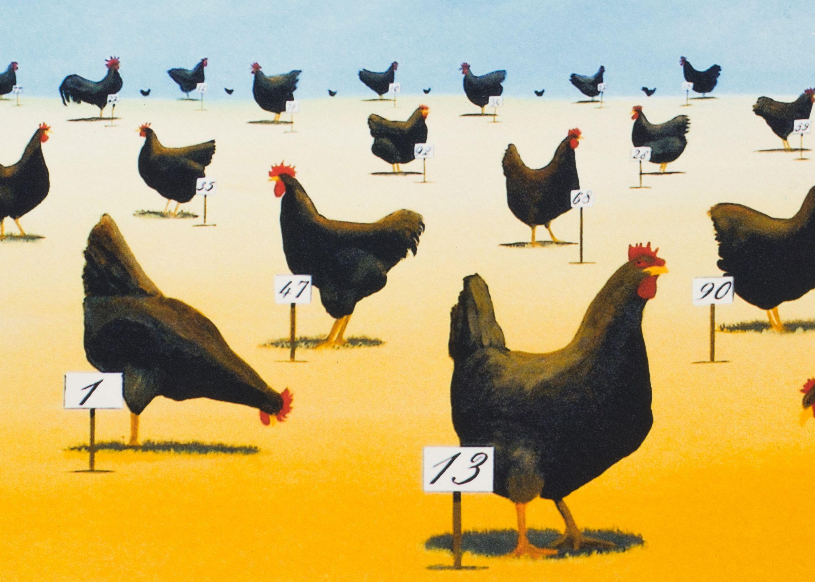 The Pecking Order is a lithograph on paper, 9.5 x 9 inches image size, and initialed 'BD' lower right. From the edition of 395, numbered 55/275 (there were also 100 Roman and 20 AP). Framed in a contemporary, silver-tone frame.

Robert Deyber’s