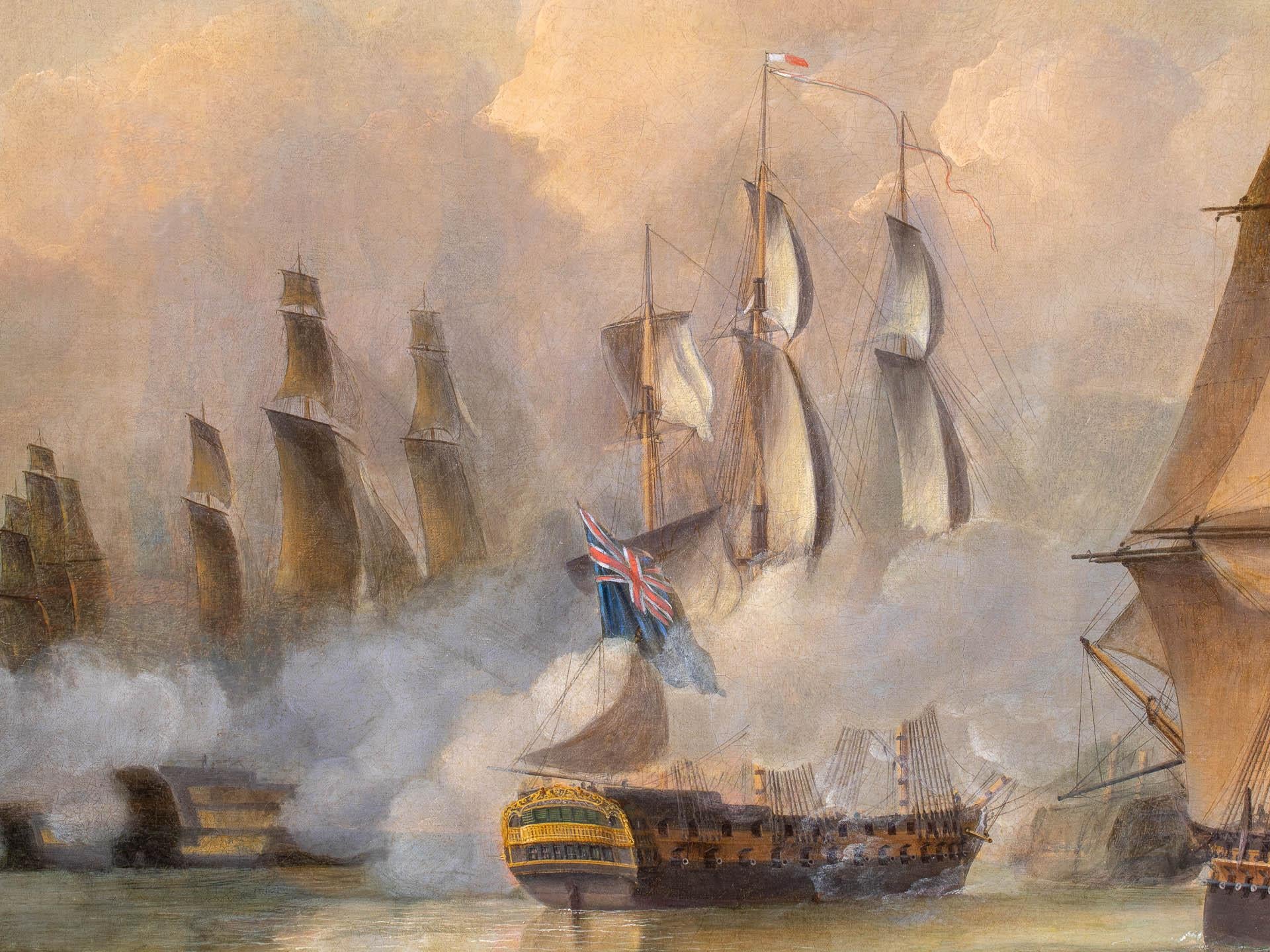 This large and epic battle scene commemorates one of the most unusual actions of the Napoleonic Wars. The British Honourable East India Company’s China Fleet of merchant vessels left Canton in early 1804 commanded by Commodore Nathaniel Dance. On 11