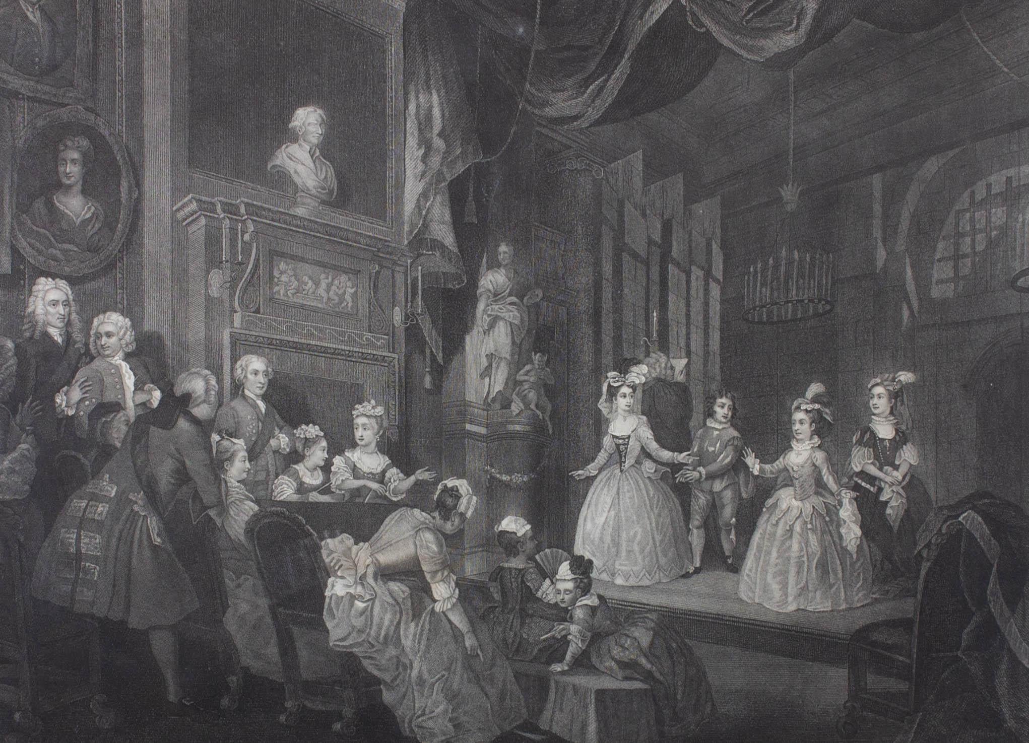 A late-18th or early-19th century strike of an engraving by Robert Dodd (1748-1815) after William Hogarth's (1697-1764) painting of a children's performance of John Dryden's play 'The Indian Emperor' (1665). First published in 1792. Likely a