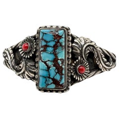 Bracelet manchette Robert Drozd en argent sterling, turquoise de Kingman et corail