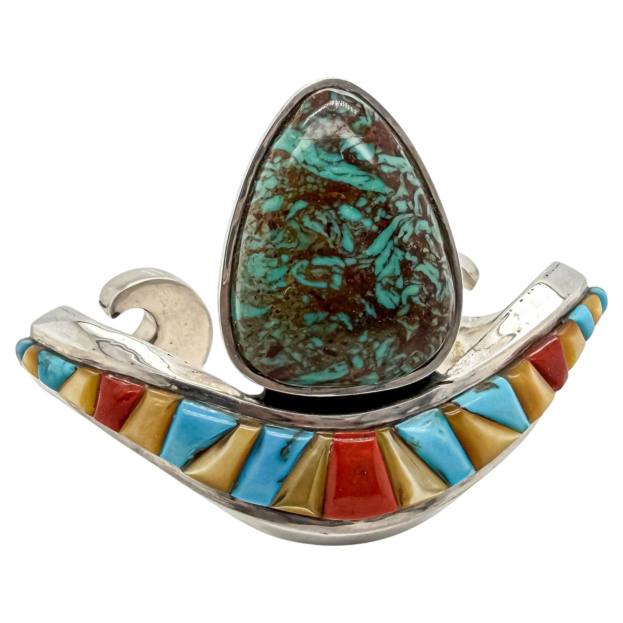 Bracciale rigido Robert Drozd in argento sterling con intarsi in turchese, corallo e madreperla in vendita