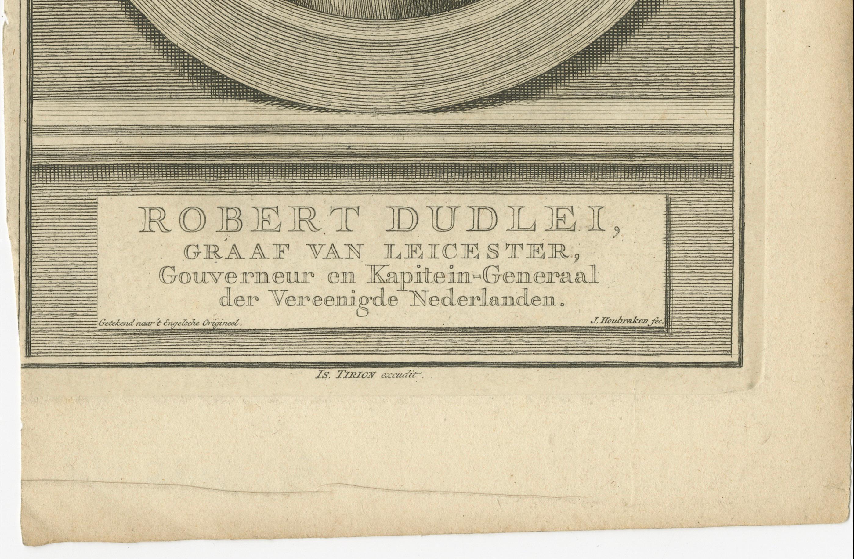 Robert Dudley, Earl of Leicester – Governor-General of the United Netherlands, c.1750

This finely executed 18th-century copper engraving portrays Robert Dudley, Earl of Leicester (1532–1588), a prominent English statesman and favorite of Queen