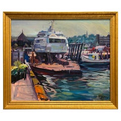 Robert Duffy (américain, 1928-2015), huile sur toile impressionniste du port de Newport